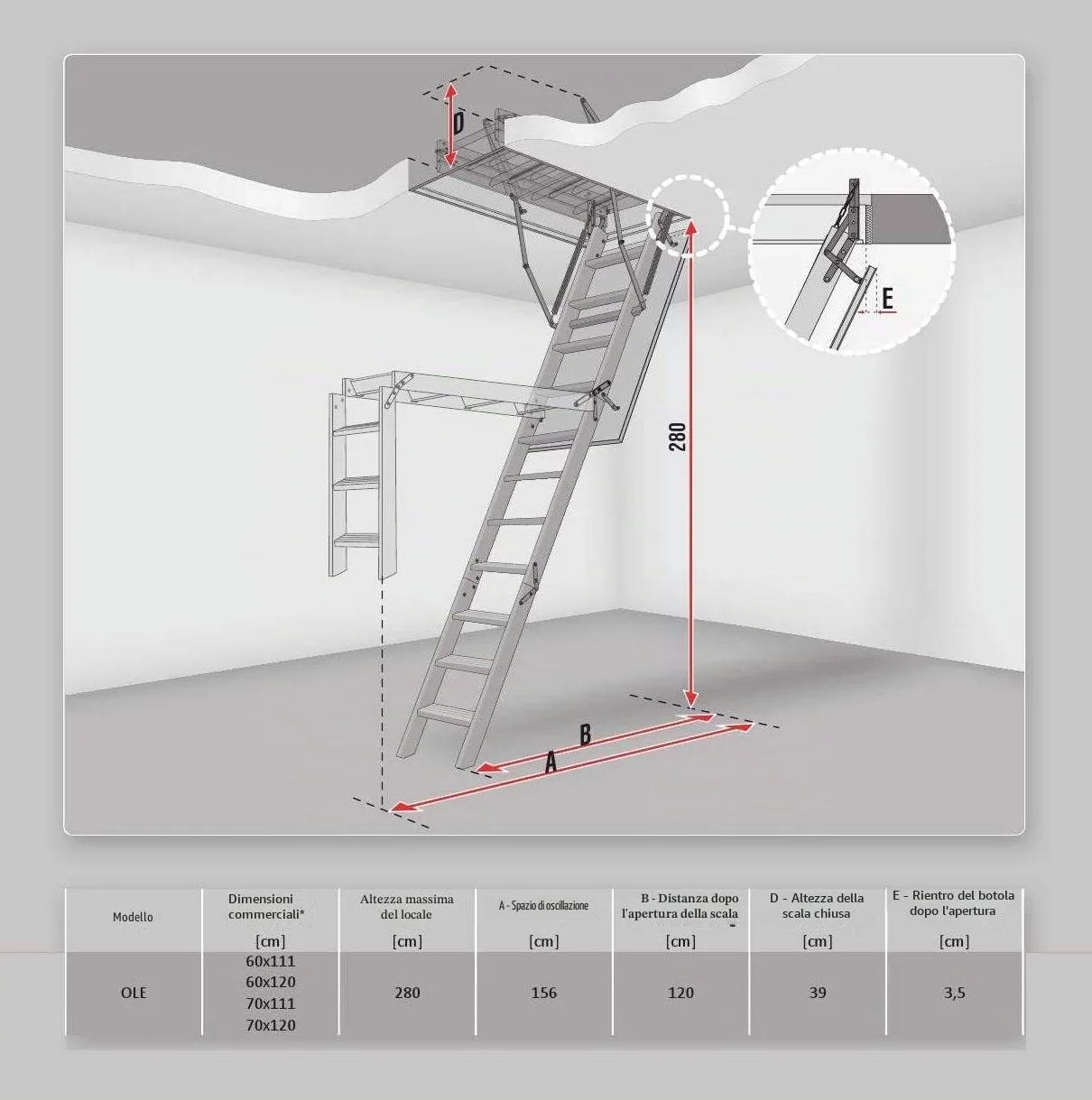 Scala pieghevole in legno a 3 sezioni per soffitta e sottotetto, dimensioni della struttura: larghezza 60 cm x lunghezza 120 cm, altezza fino a 280 cm, portello isolato