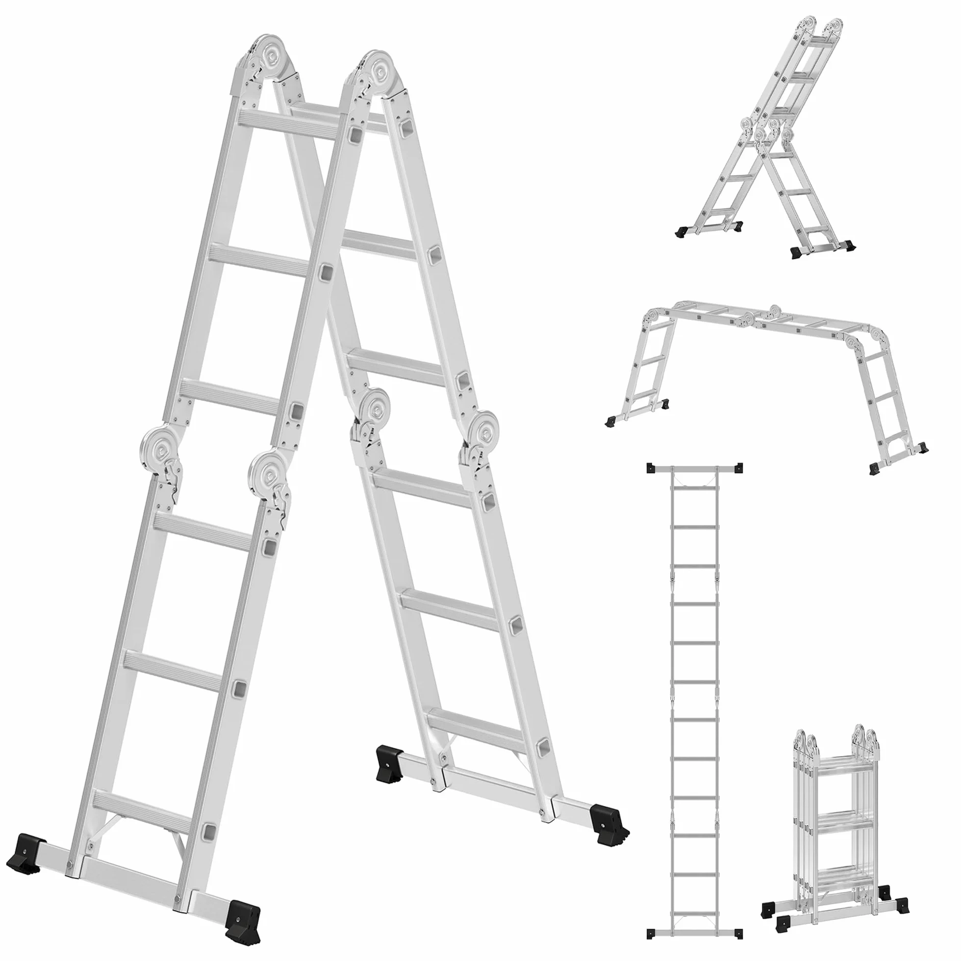 SONGMICS Scala Multifunzione in Alluminio, Scala a Gradini, Scaletta Domestica, 4 x 3 Gradini, fino a 150 kg, 12 Gradini, Design 6-in-1, Lunga 326 cm, Colore Argento GLT36M