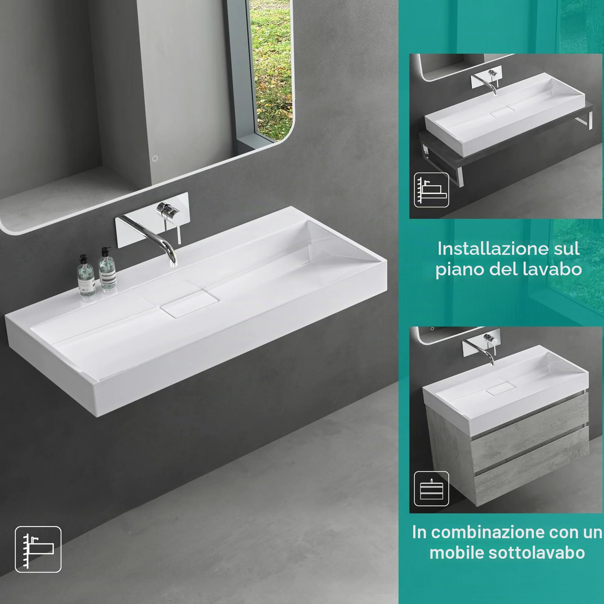 Mai & Mai Lavabo da Appoggio 120x46x11cm, Lavabo Bagno Sospeso Lavandino Bagno con Piletta di Scarico Lavabo da Minerale fuso senza Foro per Rubinetteria, Colossum19-1200OA