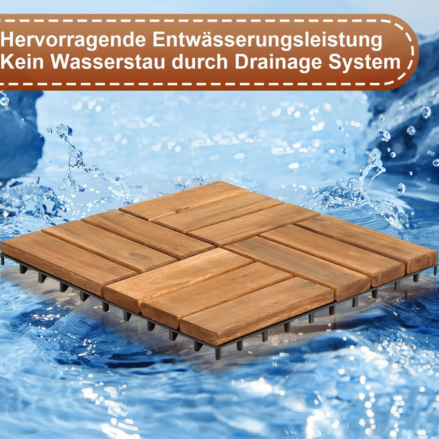 Piastrelle in legno per terrazze, 110 piastrelle per 10 m², 30 x 30 cm, piastrelle per balconi resistenti agli agenti atmosferici con sistema di drenaggio, in legno di acacia con sistema di