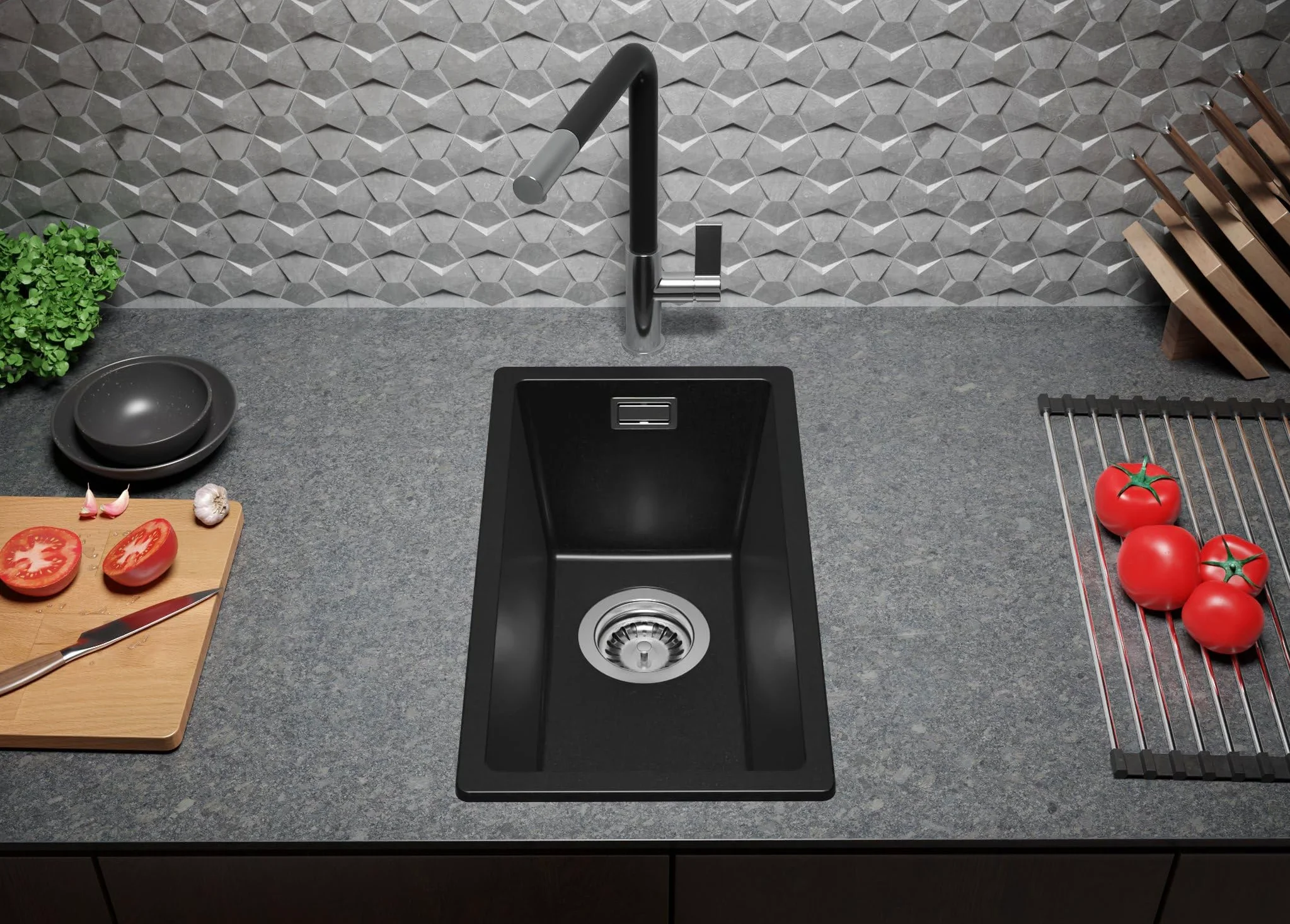 PRIMAGRAN Lavello da Cucina Nero 26x47cm, Lavandino in Granito a 1 vasca + Sifone Classico, Lavabo da Cucina Incasso al Mobile 30cm - London Slim S001