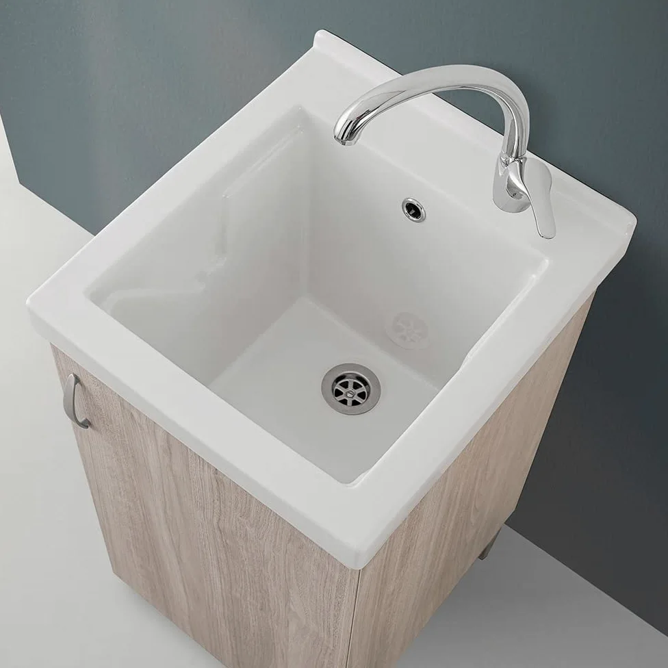 Mobile lavatoio Lavanderia in Legno con Vasca in Ceramica Resistente agli acidi, Completo di Kit sifone + piletta (Olmo, 45x50 cm 1 Anta)