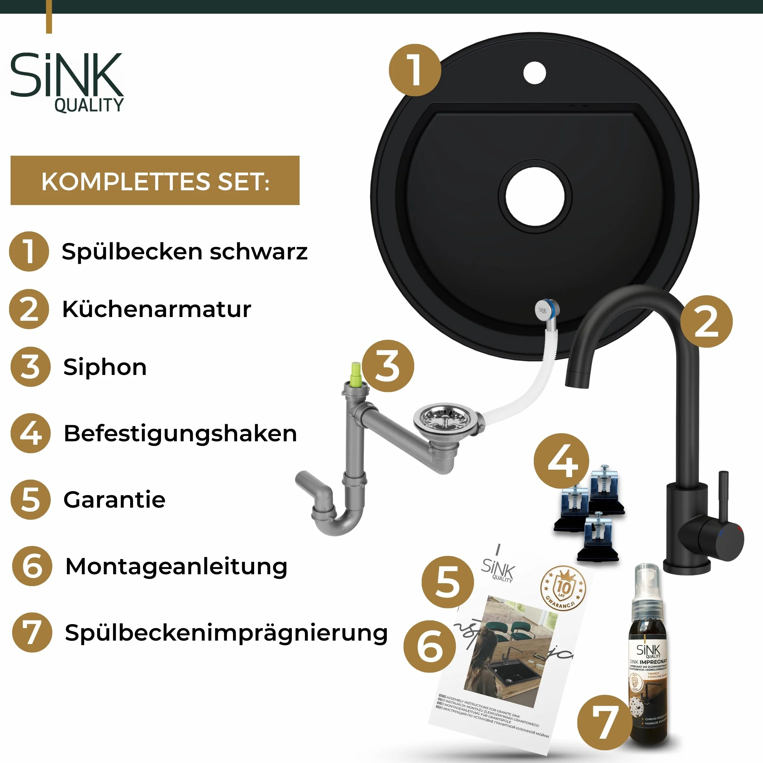 SINK QUALITY lavello rotondo con rubinetto Ø 51 cm – lavello in granito nero con rubinetto, sifone e impregnazione – lavello da cucina rotondo in granito per sottolavelli a partire da 55 cm di
