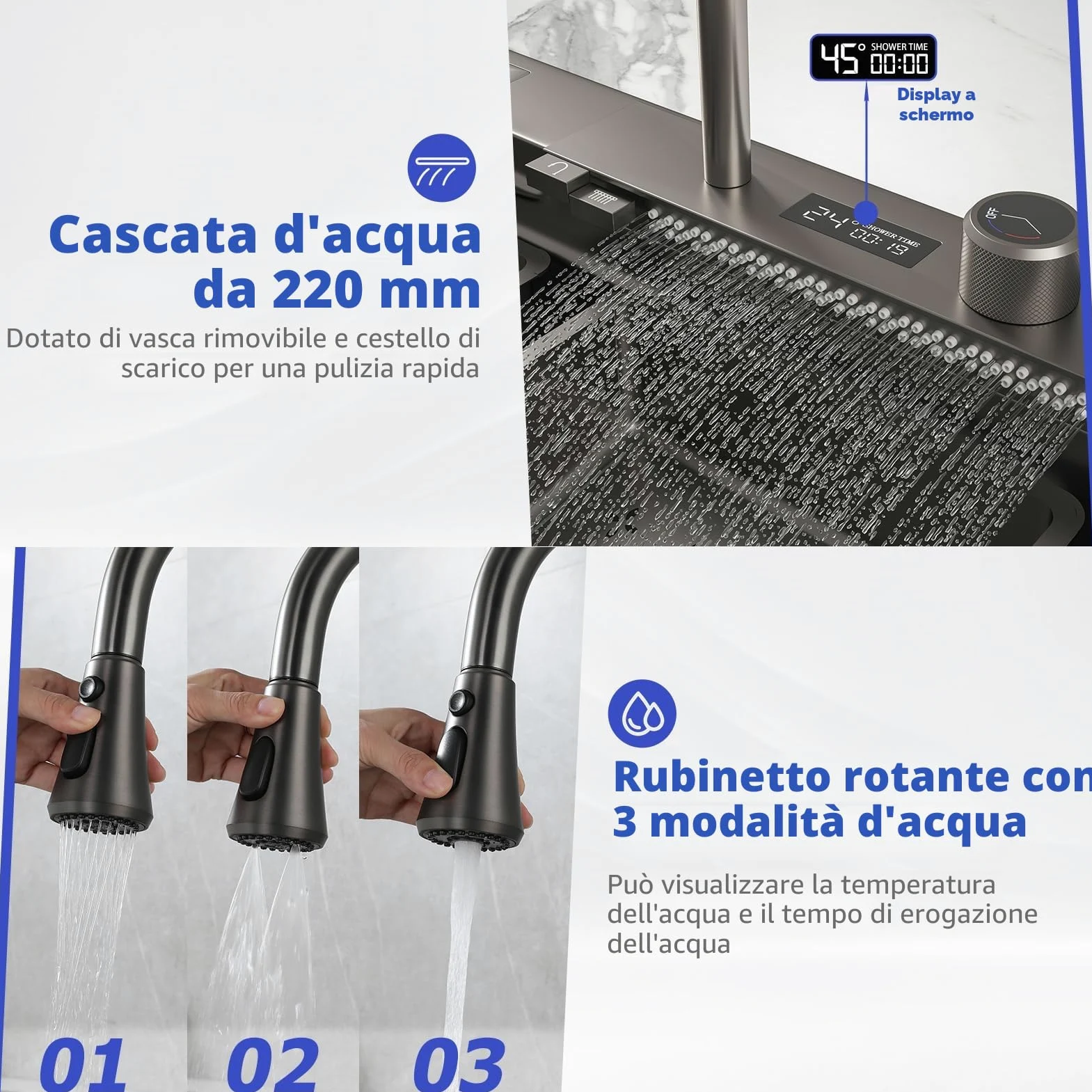 lavello cucina 85x50 da cascata nero, lavello da cucina con Può visualizzare la temperatura dell'acqua, lavello domestico set, lavandino del bar multifunzionale