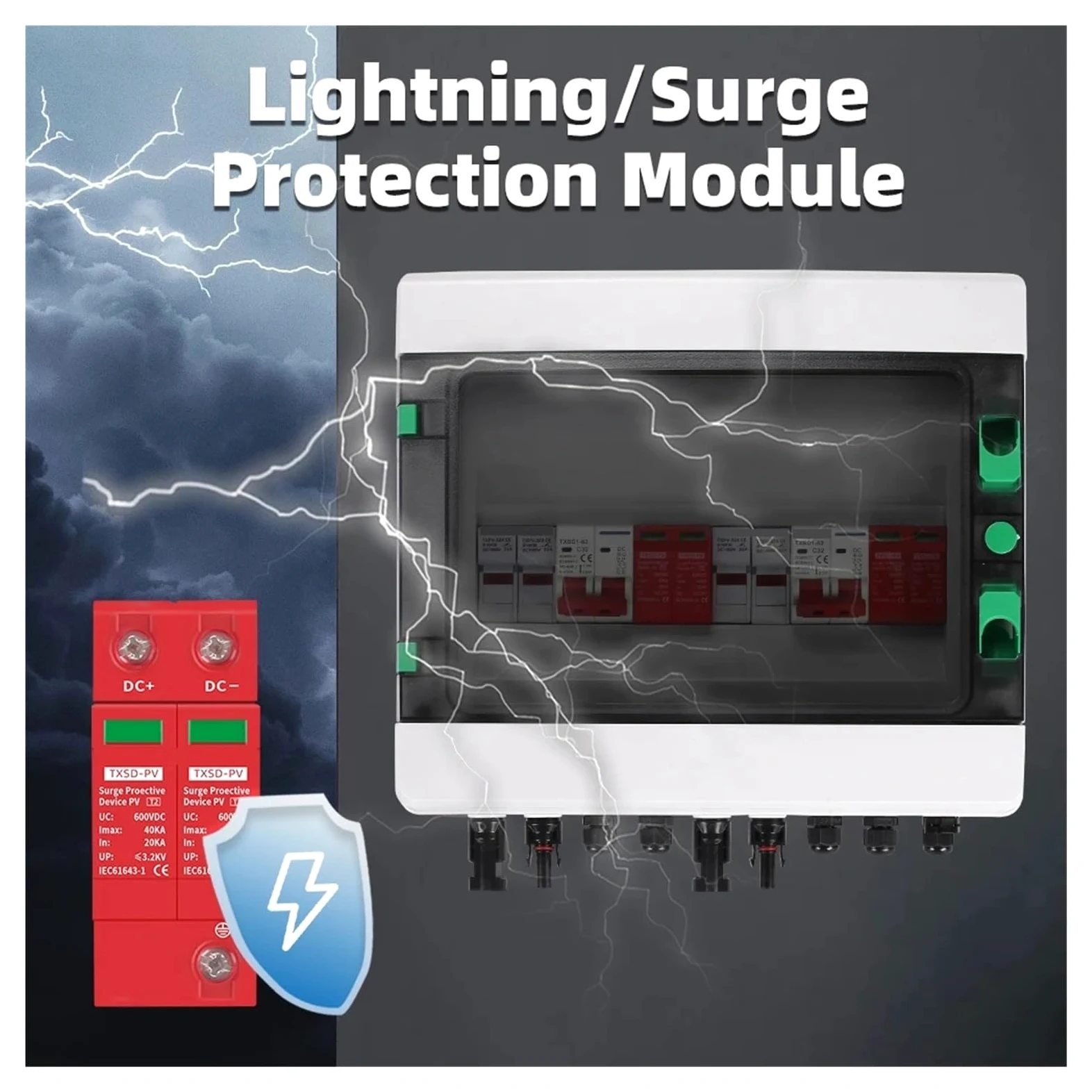 Quadro combinatore fotovoltaico solare FV Protezione da sovratensioni e fulmini 2 stringhe di ingresso uscita DC 600 V Fusibile MCB SPD leisurely(25A DC MCB)