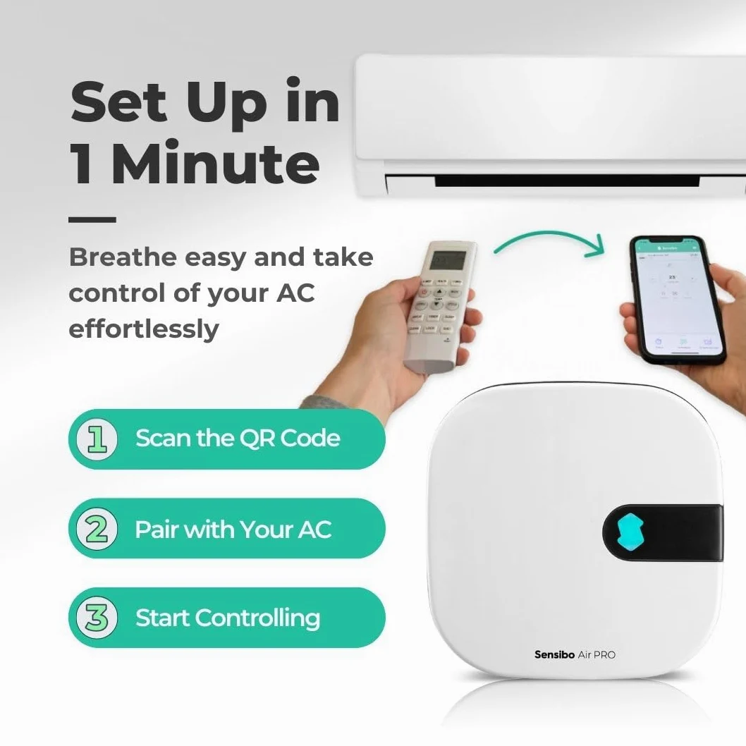 Sensibo Air PRO -qualità dell’aria e telecomando smart per condizionatori mini split, da finestra o portatile. Sensori di temperature e umidità. Compatibile con Google App, Apple HomeKit, Alexa e Siri