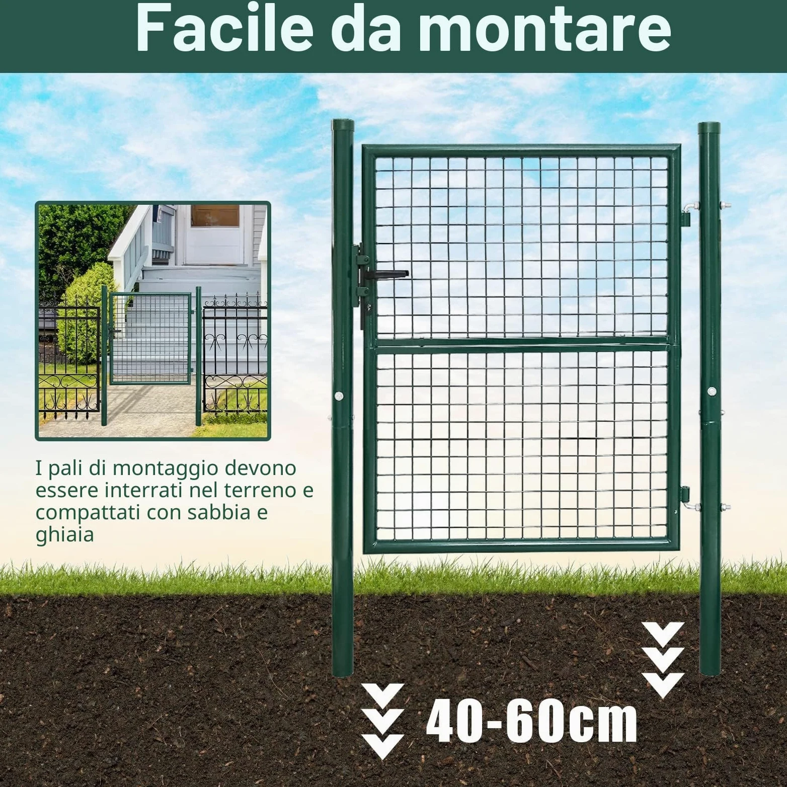 Daromigo Cancello da giardino, 150 x 100 cm, robusto, in acciaio zincato, per recinzione da giardino, con manico, serratura e 3 chiavi, colore: verde