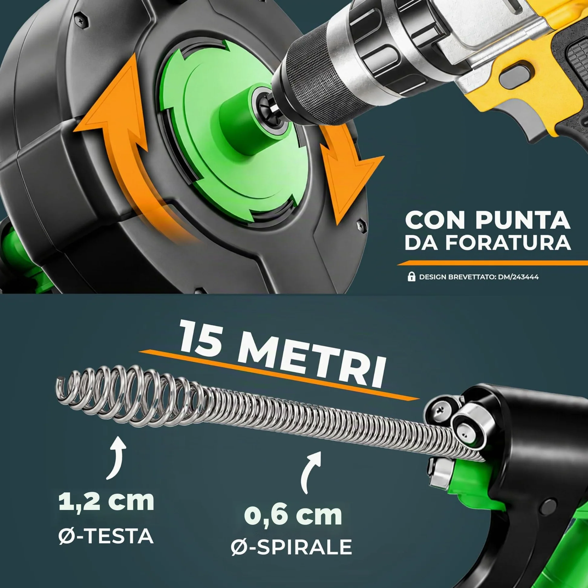 Meisterfaktur Sonda Sturatubi per Pulizia [15M] - Funzione Automatica - Molla Stura Tubi Ideale con Alimentazione Automatica - Sonda Idraulica Stura Lavandini e Scarichi per Amanti del Fai da Te!