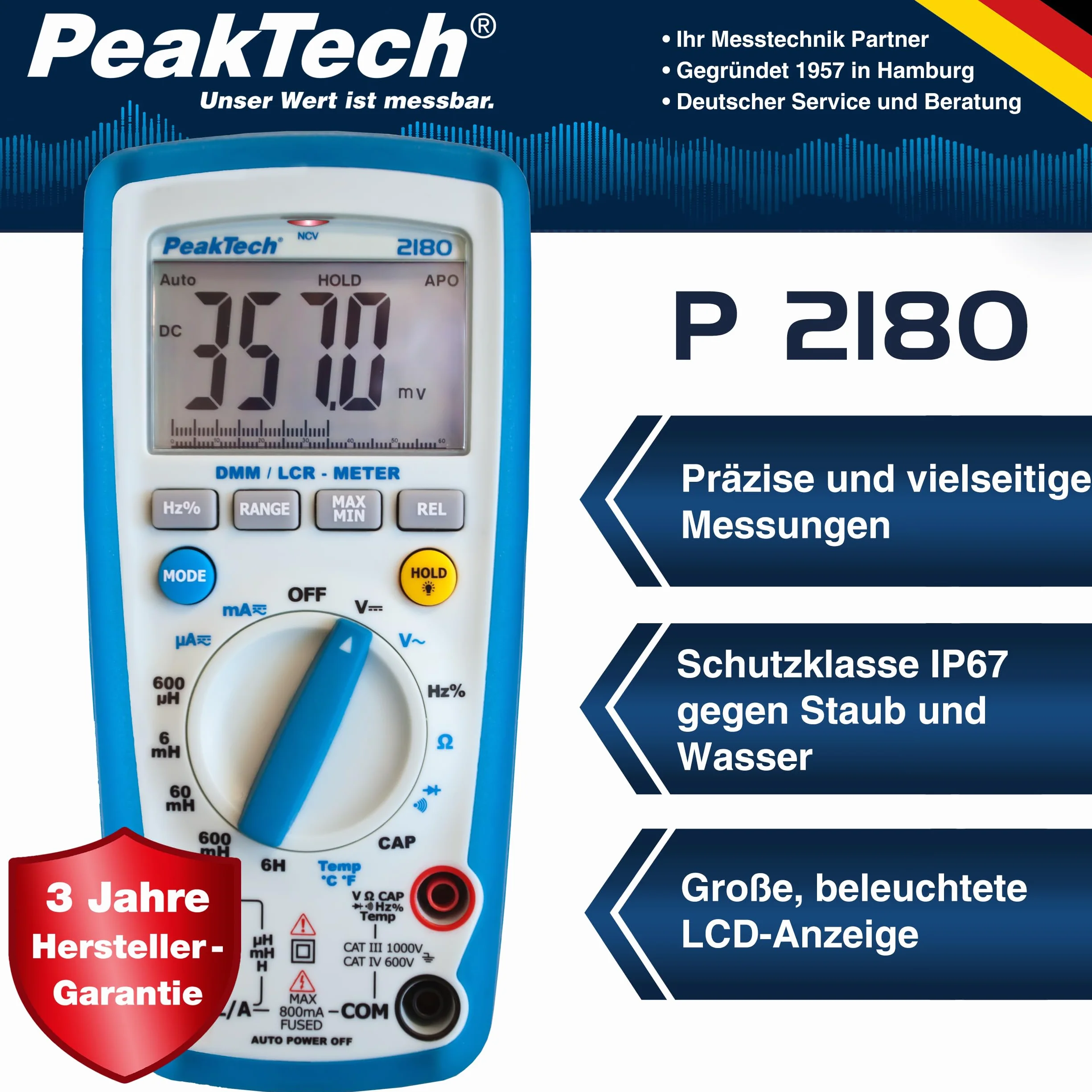 Peaktech P 2180 – Multimetro Digitale con Lcr, Resistenza, Capacità, Induttanza, 6000 Conteggi, Autorange, Amperometro, Tester di Continuità, Schermo LCD Illuminato - Cat Iii 1000 V