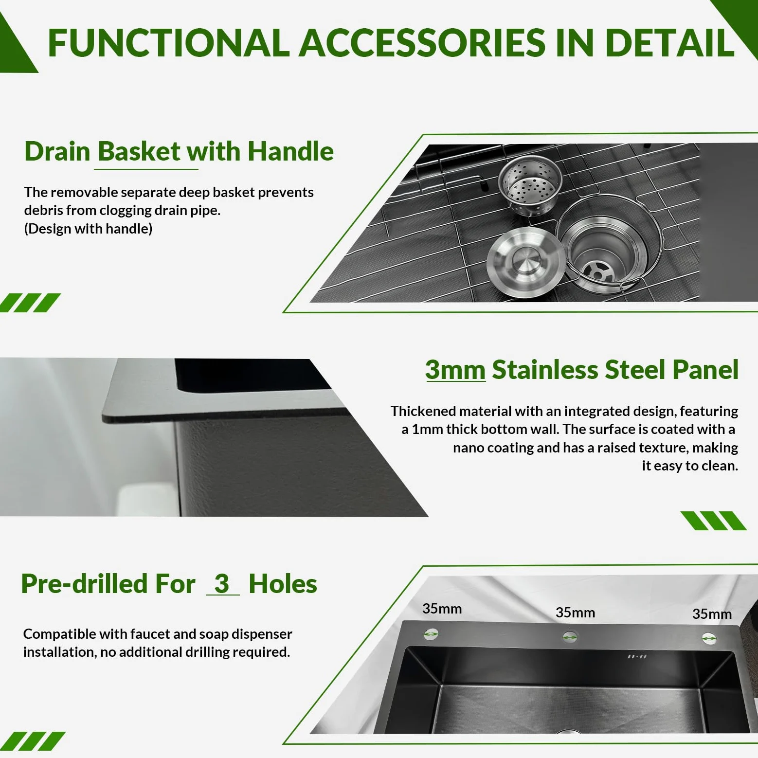 85x50cm Acciaio Inox Lavello Cucina 1 Vasca Grigio Nero, Con Griglia In Acciaio Inox Nano, Lavabo Cucina con 3 Fori Scolapiatti da Appoggio con Rubinetto, con Dispenser Sapone Da Appoggio