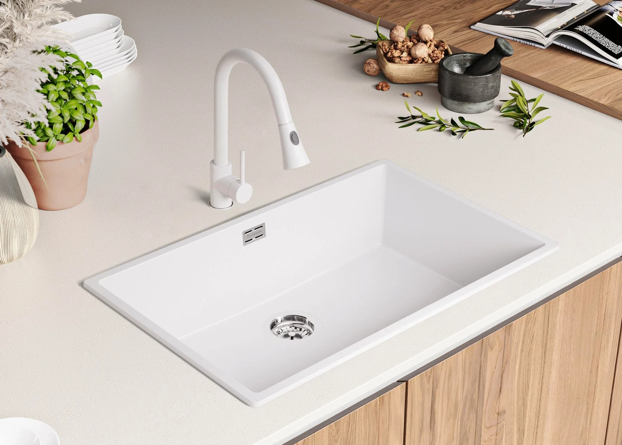PRIMAGRAN Lavello da Cucina Bianco 76x47cm, Lavandino in Granito a 1 vasca + Sifone Classico, Lavabo da Cucina Incasso al Mobile 80cm - London Slim S478