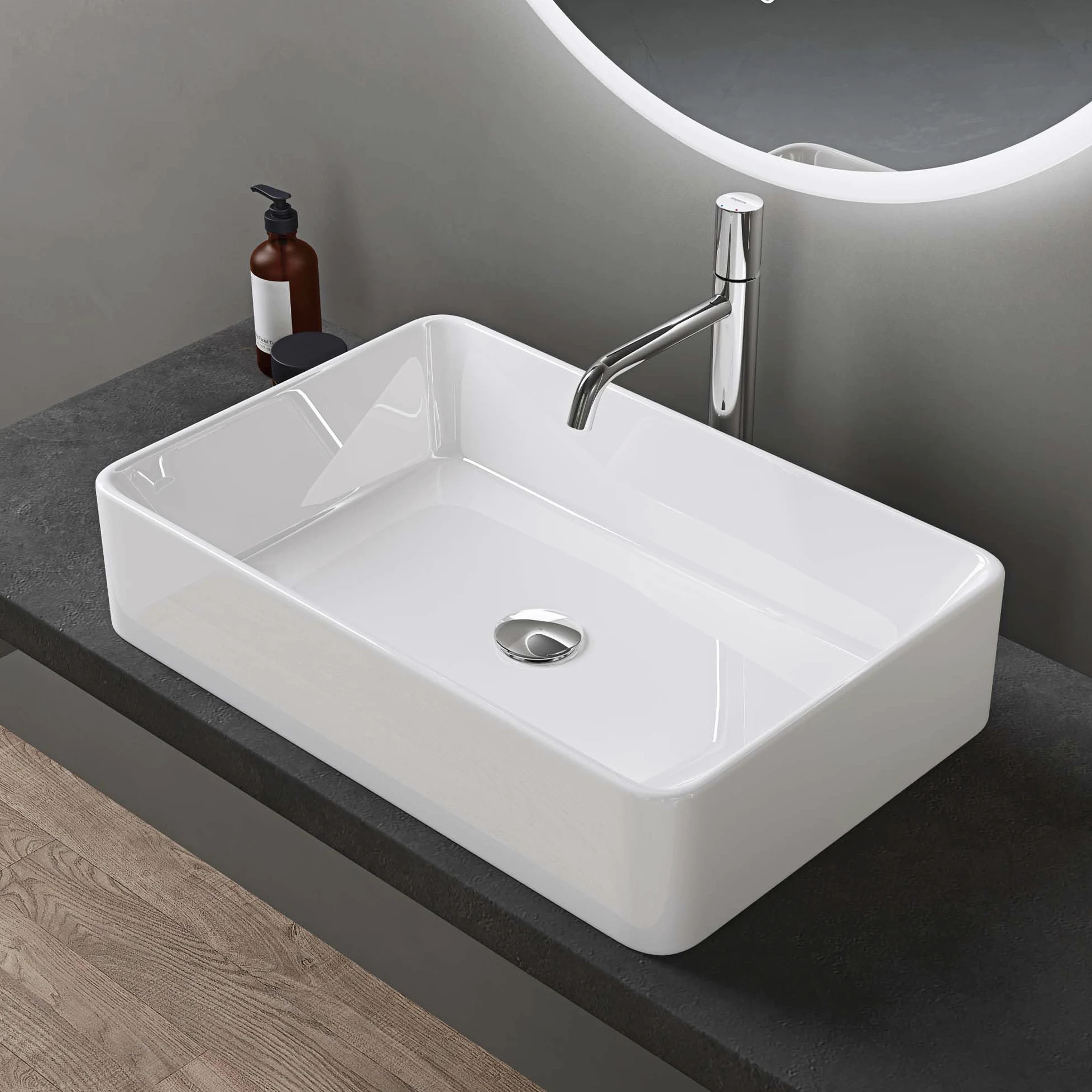 doporro Lavabo Bagno Rettangolare Lavabo da Appoggio in Ceramica Lavandino con Bordo Sottile 58x37x13,5 cm Bianco Lucido Lavamani Lavello senza Foro Rubinetto per Guardaroba Bagno Brüssel105D