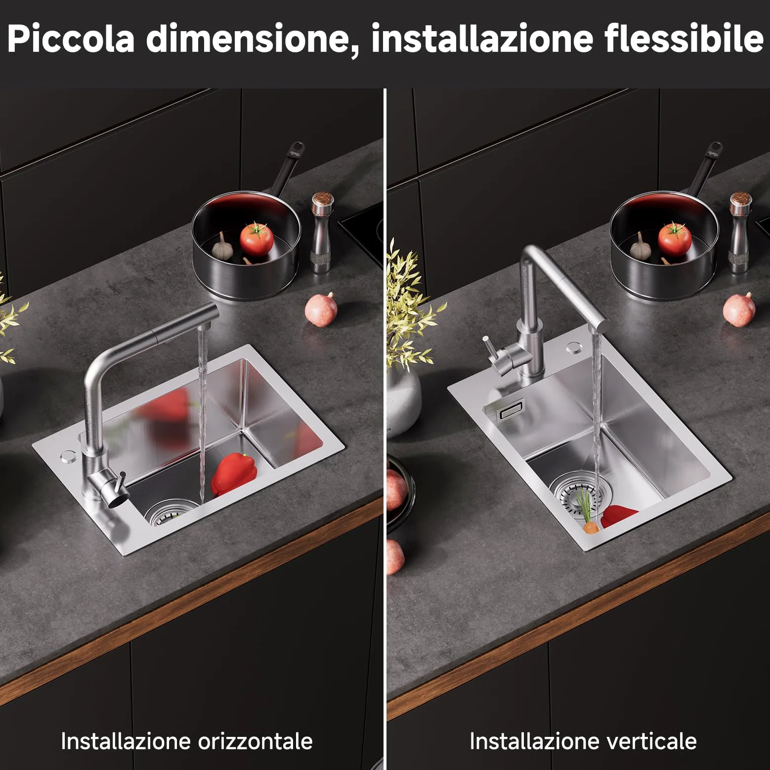 CECIPA Lavello Cucina 1 Vasca 30 x 45cm, Lavandino Cucina in Acciaio Inox quadrato, Lavabo Piccolo Montaggio Incasso o Superiore, Superficie Spazzolata, con Sifone