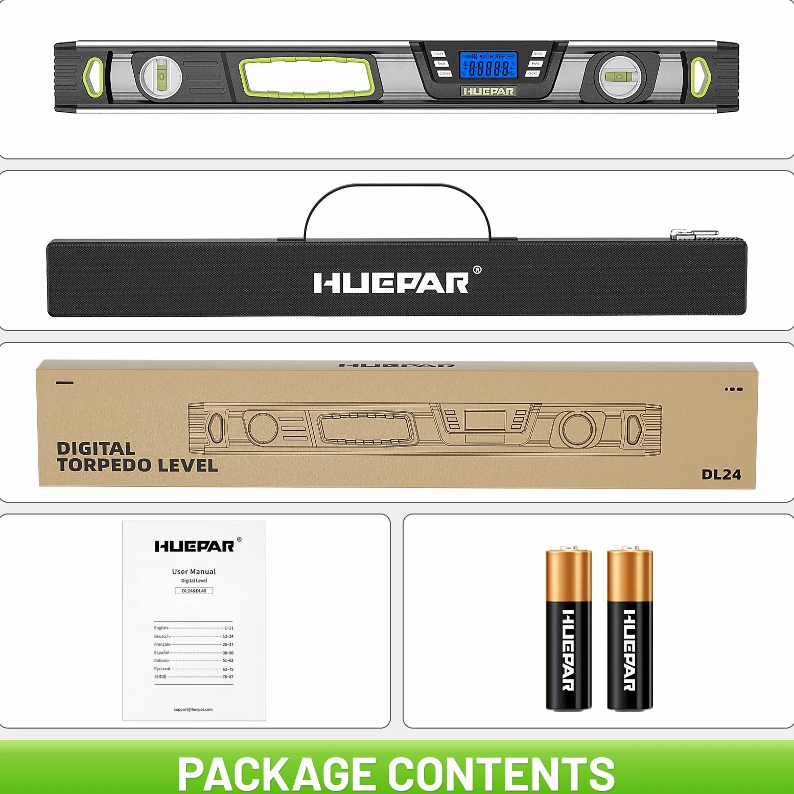 Huepar Livella digitale da 24 pollici, strumento professionale intelligente di precisione Torpedo, display LCD luminoso, avvisi acustici, fondo magnetico, IP54, resistente alla polvere e all'acqua