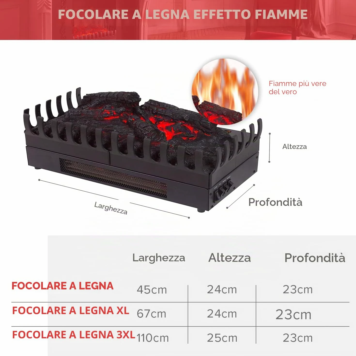 CHEMIN'ARTE Camino elettrico con Effetto Fiamma XL - LED - Legno Sintetico - 67 x 23 x 24 cm - Fuoco Elettrico - Riscalmento 2000W