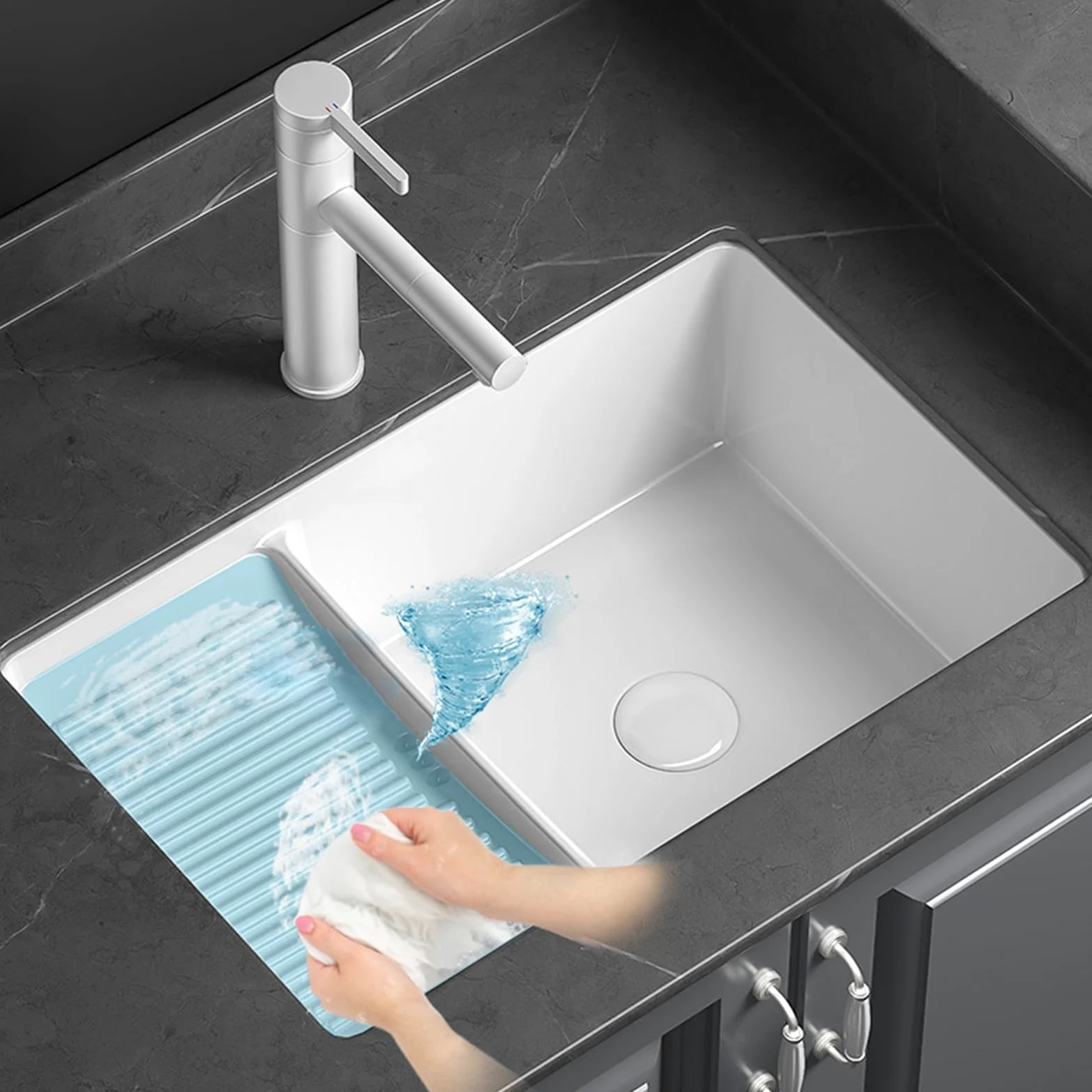 Lavabo in ceramica rettangolare per lavabo da bagno, bianco,Lavandino da bagno sottopiano,vasca lavanderia con asse per lavare,Con rubinetto, valvola ad angolo e scarico, adatto per bagno (Size : 53