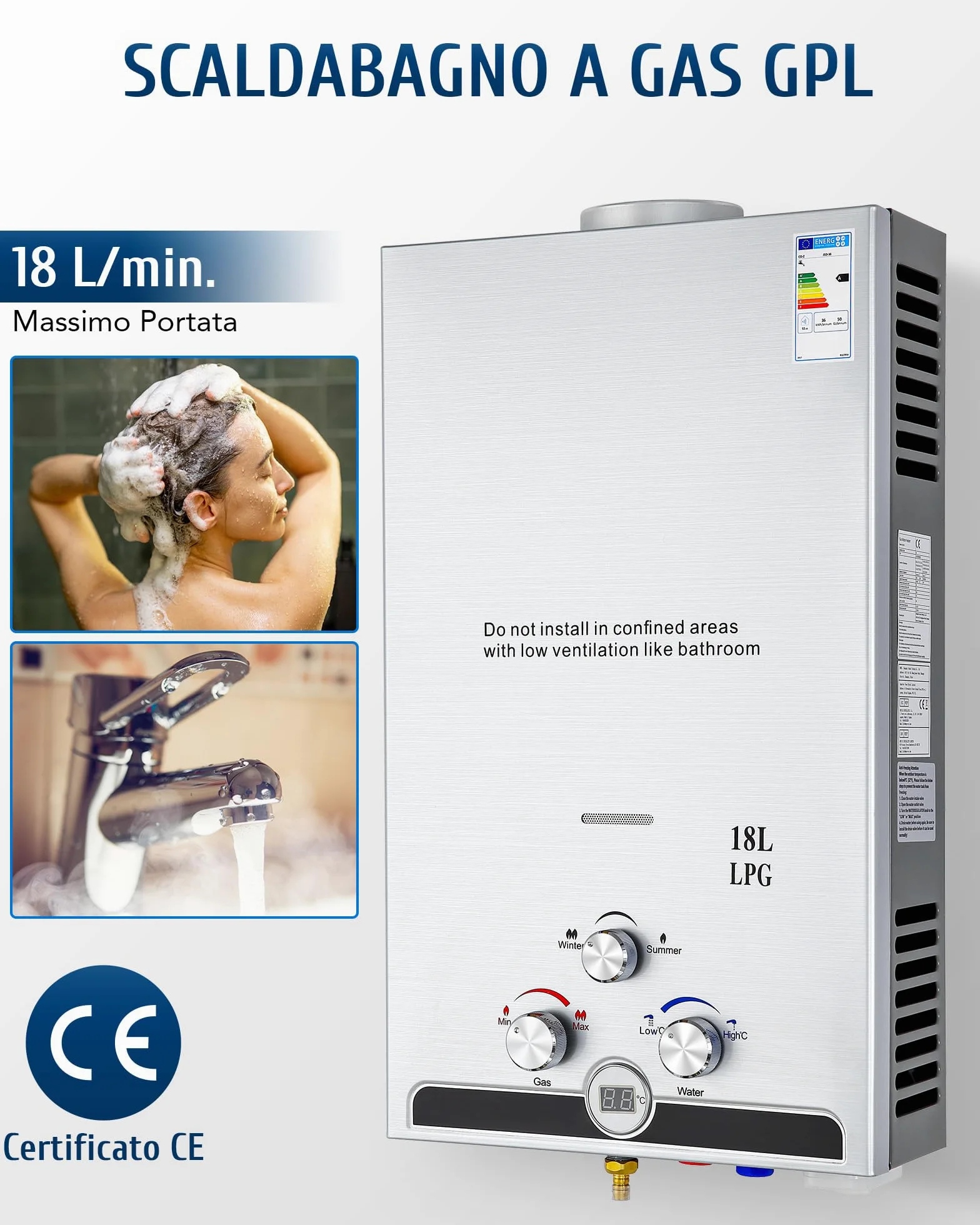 CO-Z 18L Scaldabagno a Gas GPL con Modalità Inverno ed Estate Caldaia a Gas GPL da 30.6 kW a Parete senza Serbatoio Scaldacqua Istantaneo Automatico con Anima in Rame e Display a LED(18L)