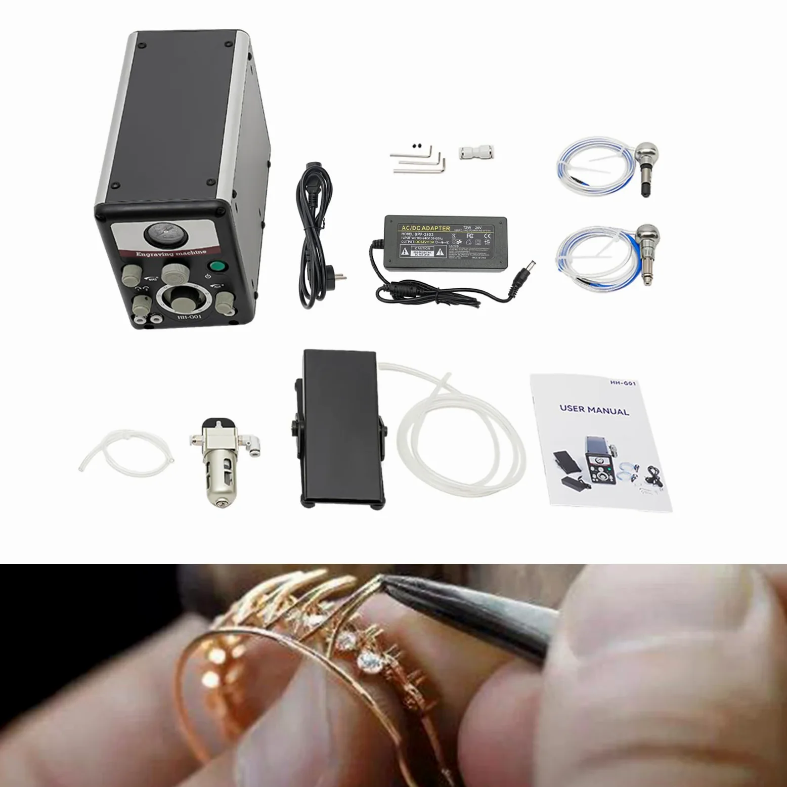 Macchina per incisione pneumatica, macchina per incisione pneumatica, macchina per incisione a percussione ad aria compressa con doppio manico, 80 W per gioielli e metallo