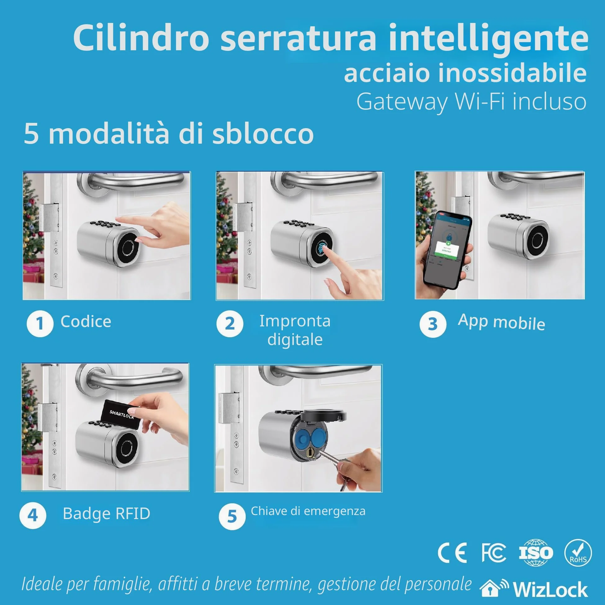 WizElek – Cilindro serratura smart Tuya Bluetooth, gateway Bluetooth/Wi-Fi incluso, lega di alluminio effetto inox argento – Accesso: codice, badge RFID (4), impronta, app, chiave (2)
