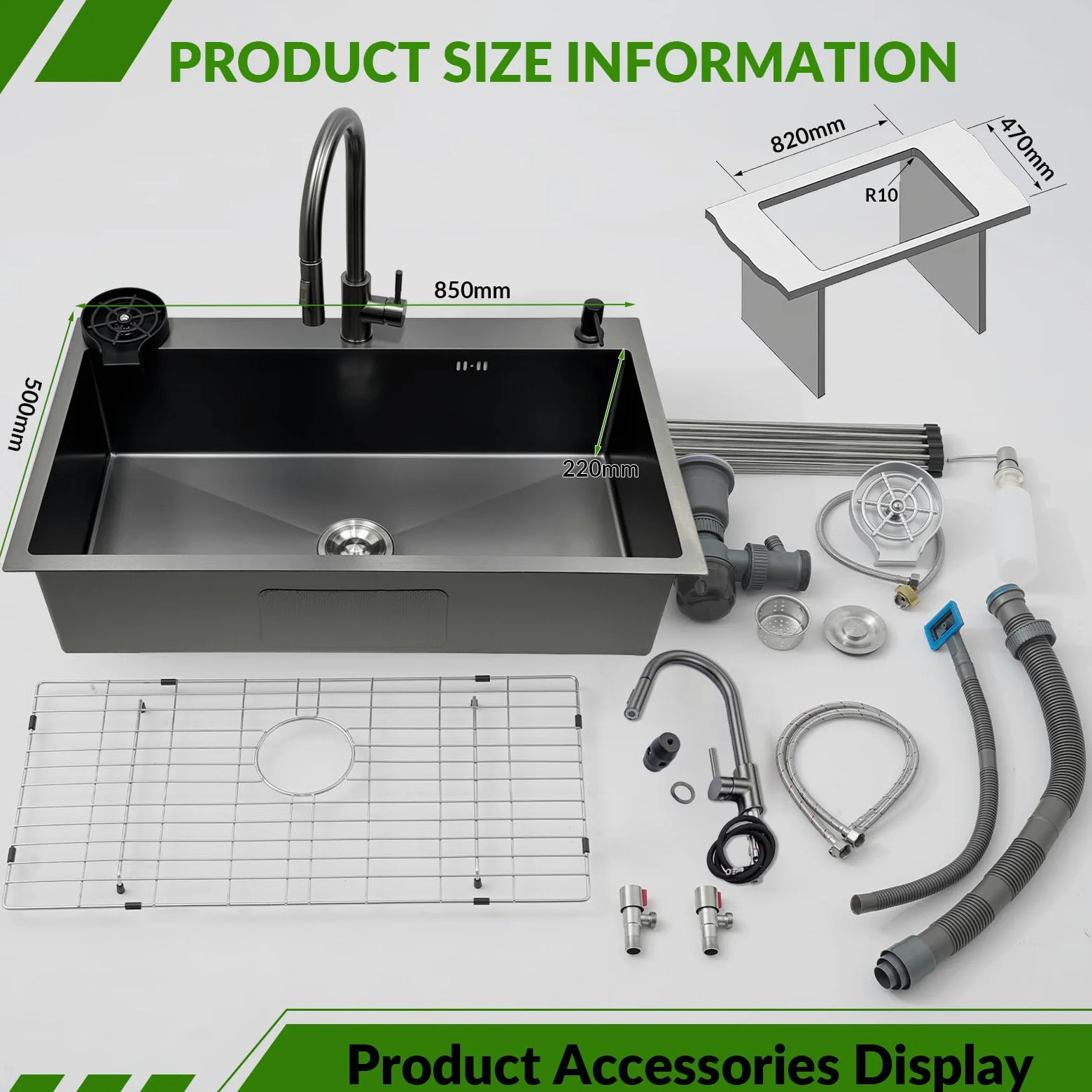 85x50cm Acciaio Inox Lavello Cucina 1 Vasca Grigio Nero, Con Griglia In Acciaio Inox Nano, Lavabo Cucina con 3 Fori Scolapiatti da Appoggio con Rubinetto, con Dispenser Sapone Da Appoggio