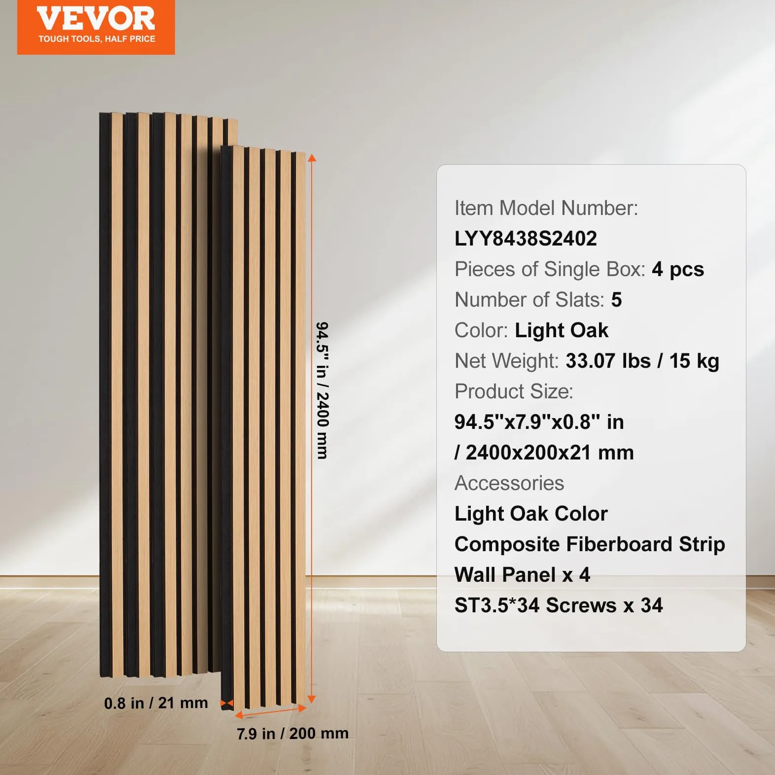 VEVOR Pannelli Acustici a Doghe in Legno 2400 x 200 mm Pannelli da Parete in Legno MDF con Accenti per Decorazione Pareti Interne, Pannelli da Parete in Finto Legno, Riduzione di Rumore, Rovere Chiaro