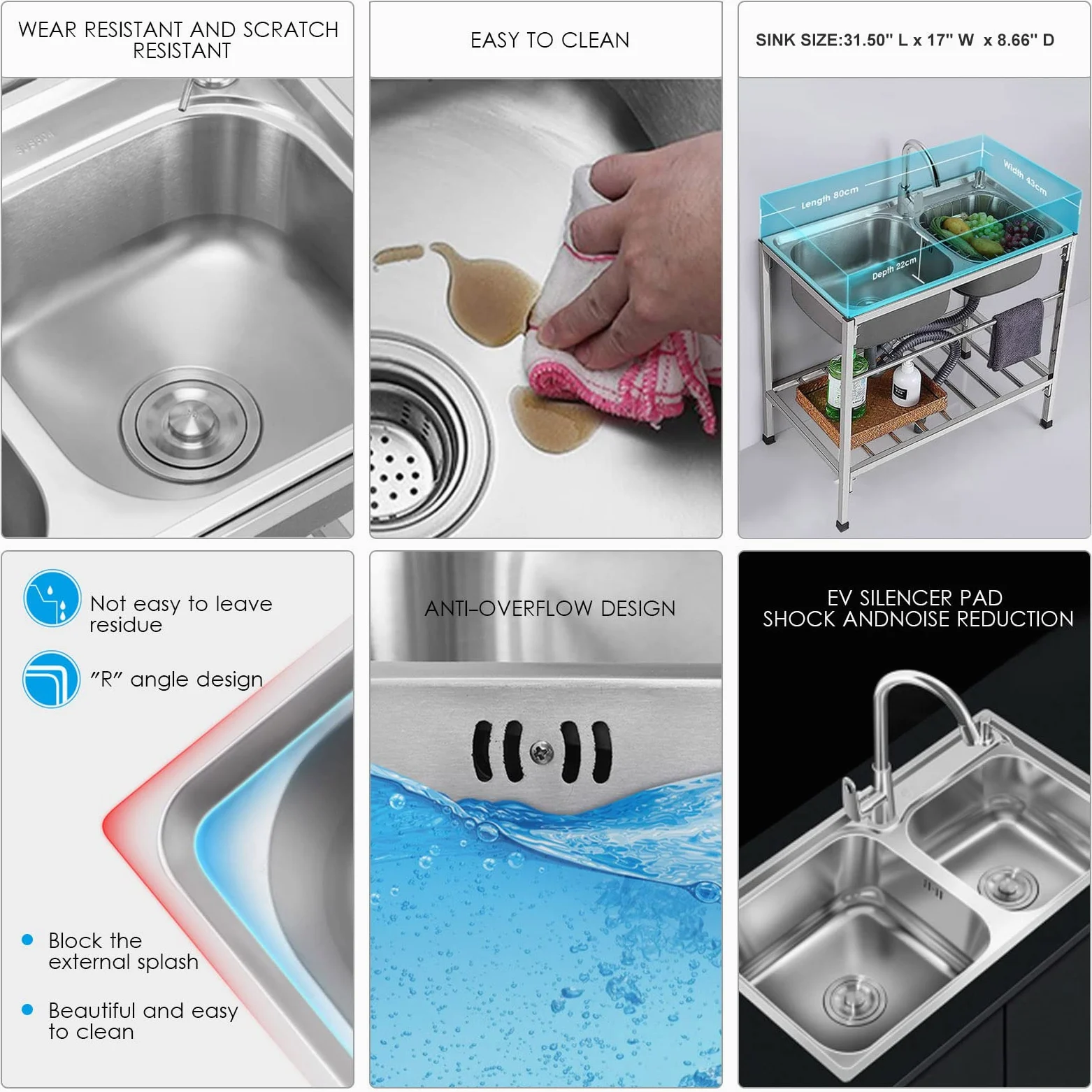 Lavello da esterno autoportante a doppia vasca, in acciaio inox, con rubinetto, portatile, per cucina, ristorante, ripiano portaoggetti per garage, lavanderia, 80 cm L x 45 cm P x 85 cm H