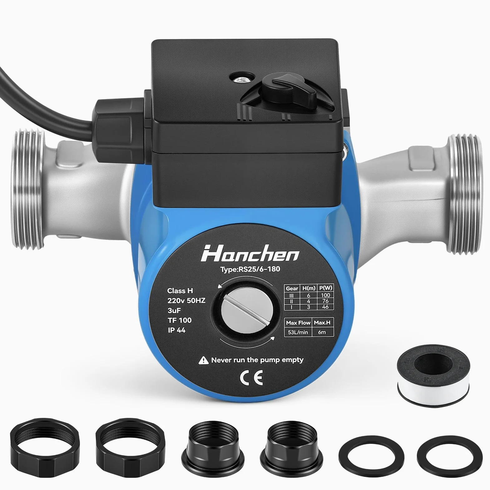Hanchen Pompa di circolazione per riscaldamento a 3 marce, in acciaio inox, 25-60/180, pompa di circolazione per acqua calda 220 V