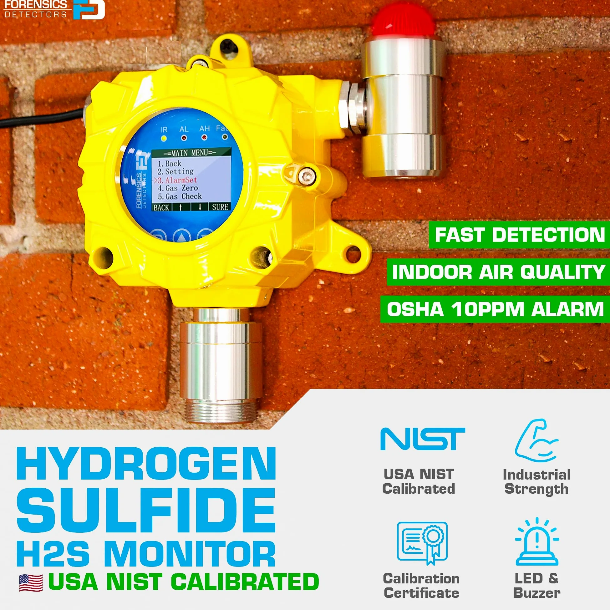 Monitor H2S | Montaggio a Parete Industriale | Montaggio a Parete | Certificato di Calibrazione EU & USA | Uscita Relay, RS485 MODBUS, 4–20 mA | 0–100 ppm H2S |