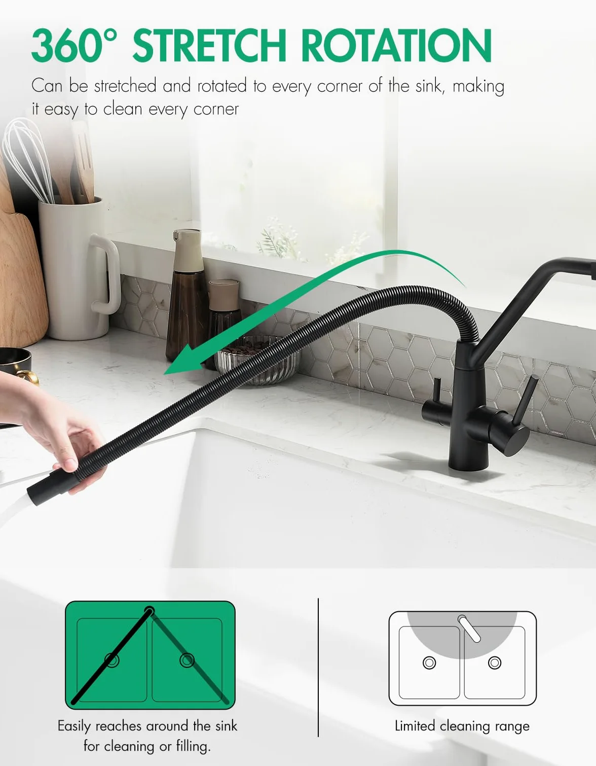 TIMACO - Rubinetto da cucina nero a 3 vie, girevole a 360°, con rubinetto 3 in 1 per filtro dell'acqua, con molla a spirale, con doppia leva, ad alta pressione