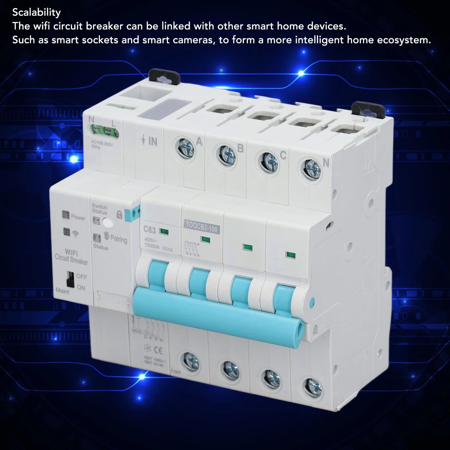 Smart WiFi Wireless Circuit Breaker DIN Rail Elettricità Monitor Interruttore per Elettrodomestici 4P 145 a 295V 63A