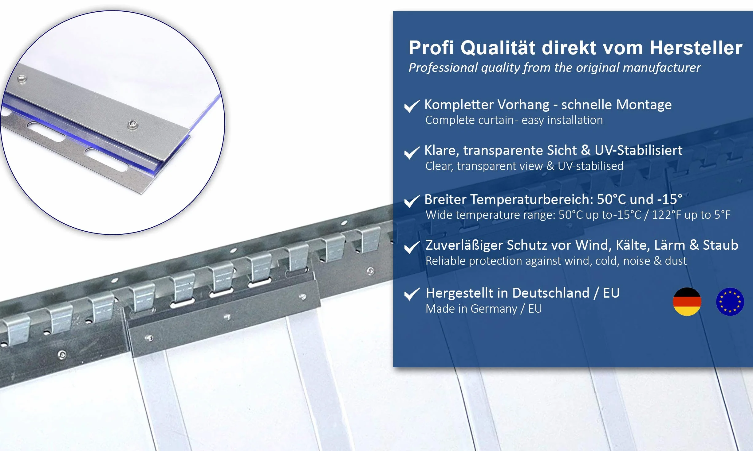 Zettl GmbH tenda a strisce in PVC, lamelle 3x300mm, larghezza x altezza 1,75x2,50m, trasparente, preassemblato, zincato, per l'industria, l'agricoltura e la ristorazione