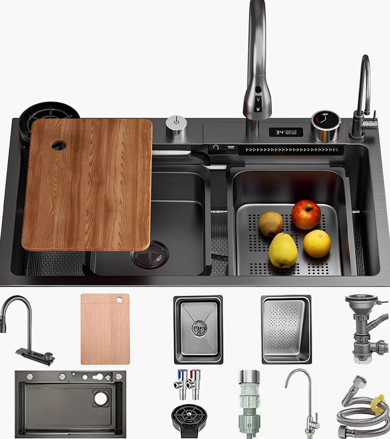 Lavandino Cucina Nero Antracite 85 x 50 cm,Lavello Cucina 1 vasca con LED rubinetto estraibile,Multifunzione Cucina in acciaio inox,Lavabo Cucina con Sifone Antiodore e Kit Scarico Completo