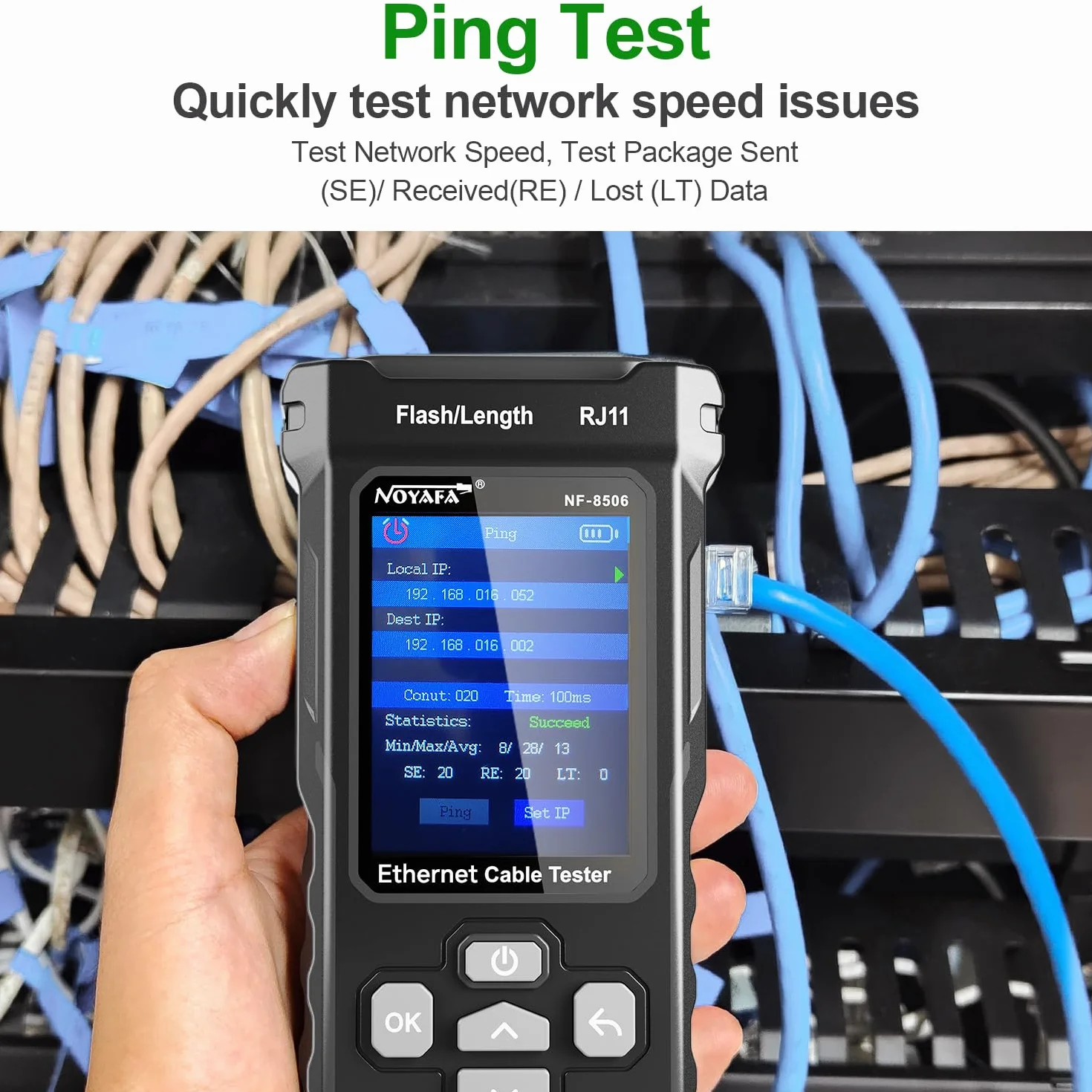 NOYAFA Tester di rete con scansione IP, test PING e switch rate, mappatura dei cavi di rete TDR, tester per cavi Ethernet RJ11 RJ45 per test PoE Cat5/Cat6, NF-8506