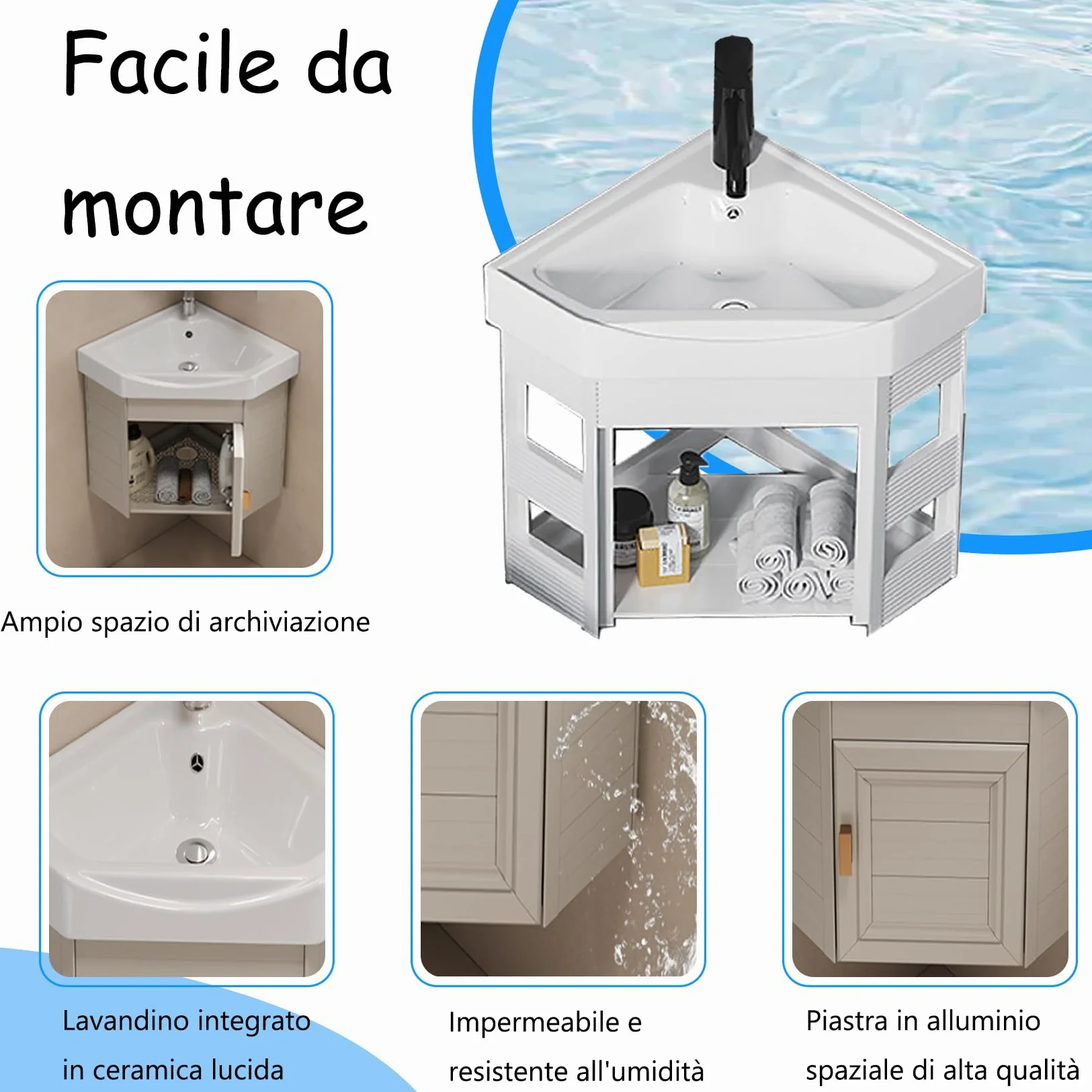 Lavello in ceramica Lavello da bagno a parete lavabo angolare, Lavabo ad angolo in ceramica per piccoli spazi, Lavandino bagno, per cucina, WC, bagno, caravan, bianco Nero-43 * 43
