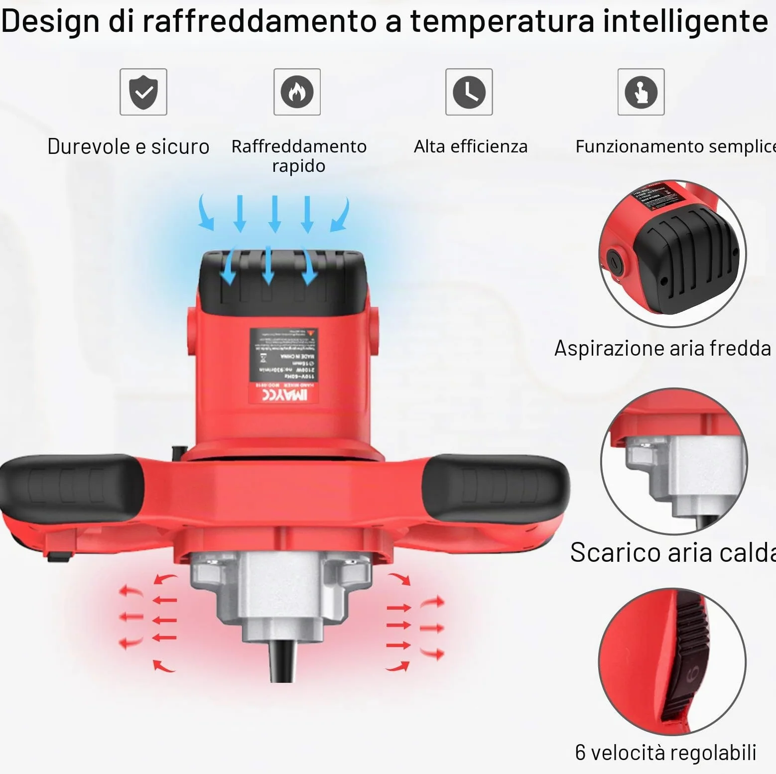 IMAYCC Mescolatore per Malta, 2100W, 270–930 Giri/Min, 6 Marce, Miscelatore per Calcestruzzo, 220 V, M14, Agitatore Manuale per Mangime, Gesso.