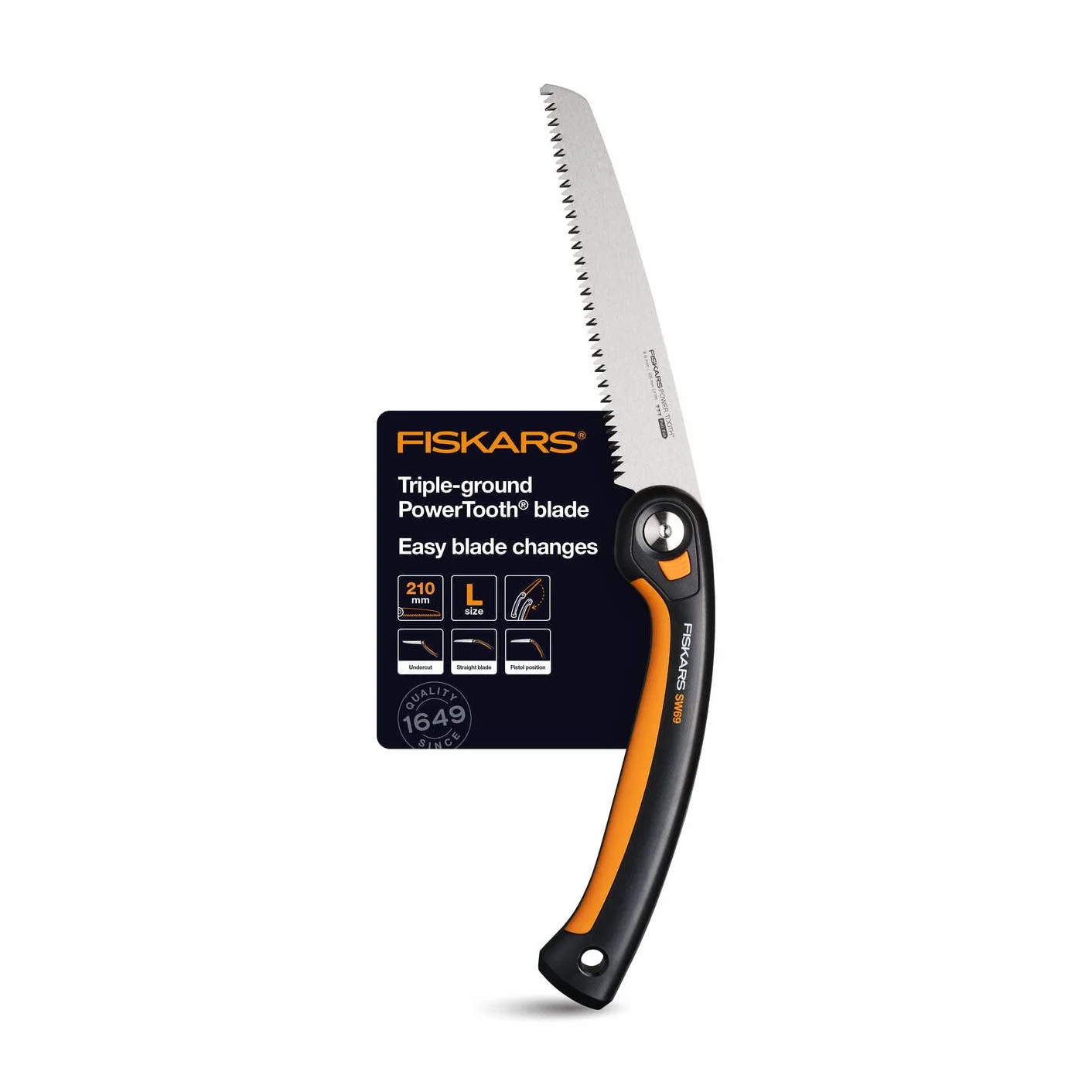 Fiskars Seghetto a Serramanico Plus, Per Rami e Tronchi Spessi, 3 Posizioni di Taglio, Lama Affilata Power Tooth, Denti Grossi, Lunghezza della Lama: 21 cm, Nero/Arancione, SW69, 1067553