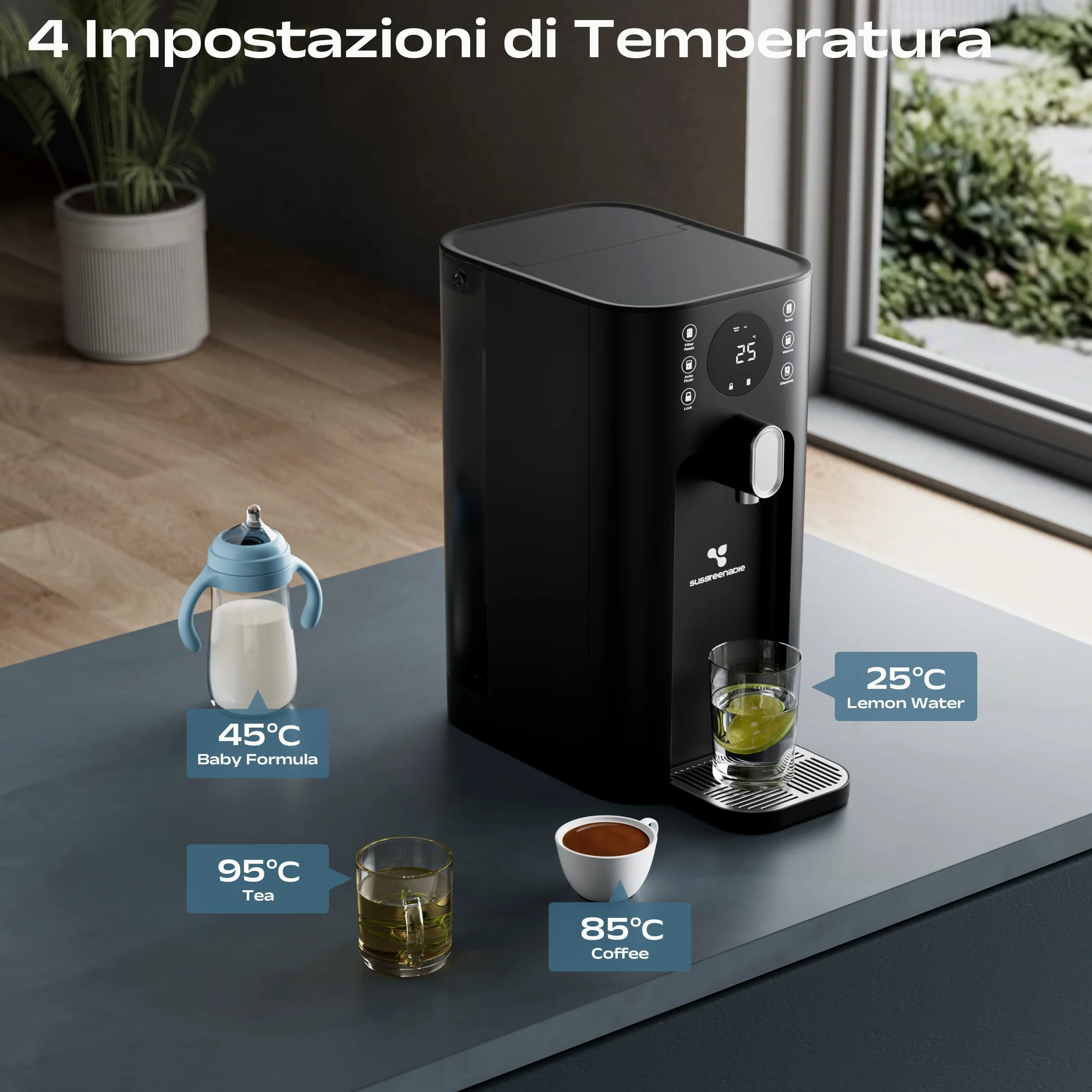 CIARRA X SusGreenable Depuratore Acqua a Osmosi Inversa da Tavolo, Acqua Calda Istantanea 3s, Filtro RO 4 Stadi, Serbatoio 4.3L, 4 Temperature, Display TDS, Senza Installazione
