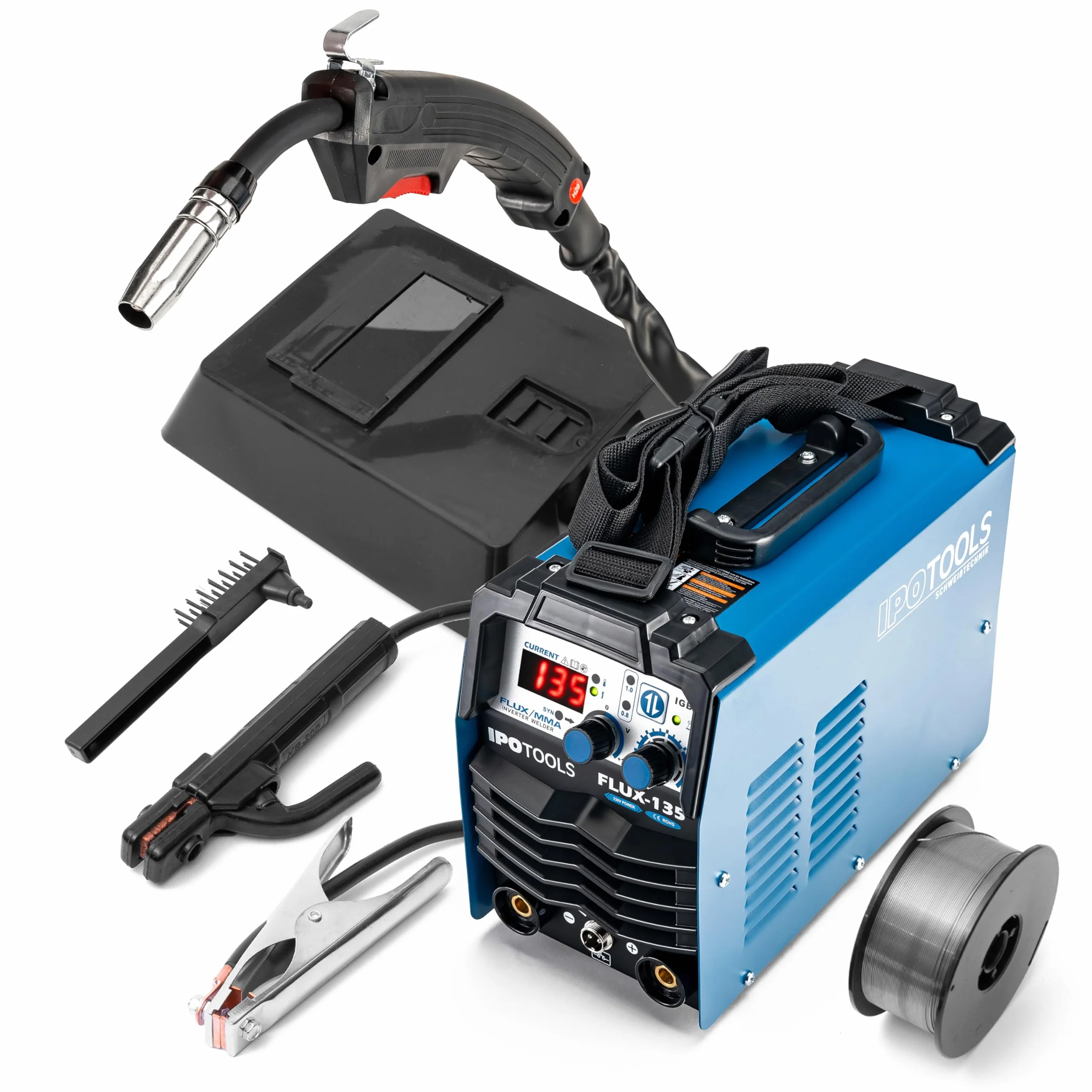 IPOTOOLS FLUX-135 - Saldatrice a filo di riempimento, senza gas, 135 A, senza gas, per saldatrice, filo di riempimento 0,8 mm o 1,0 mm, con MMA/IGBT/230 V
