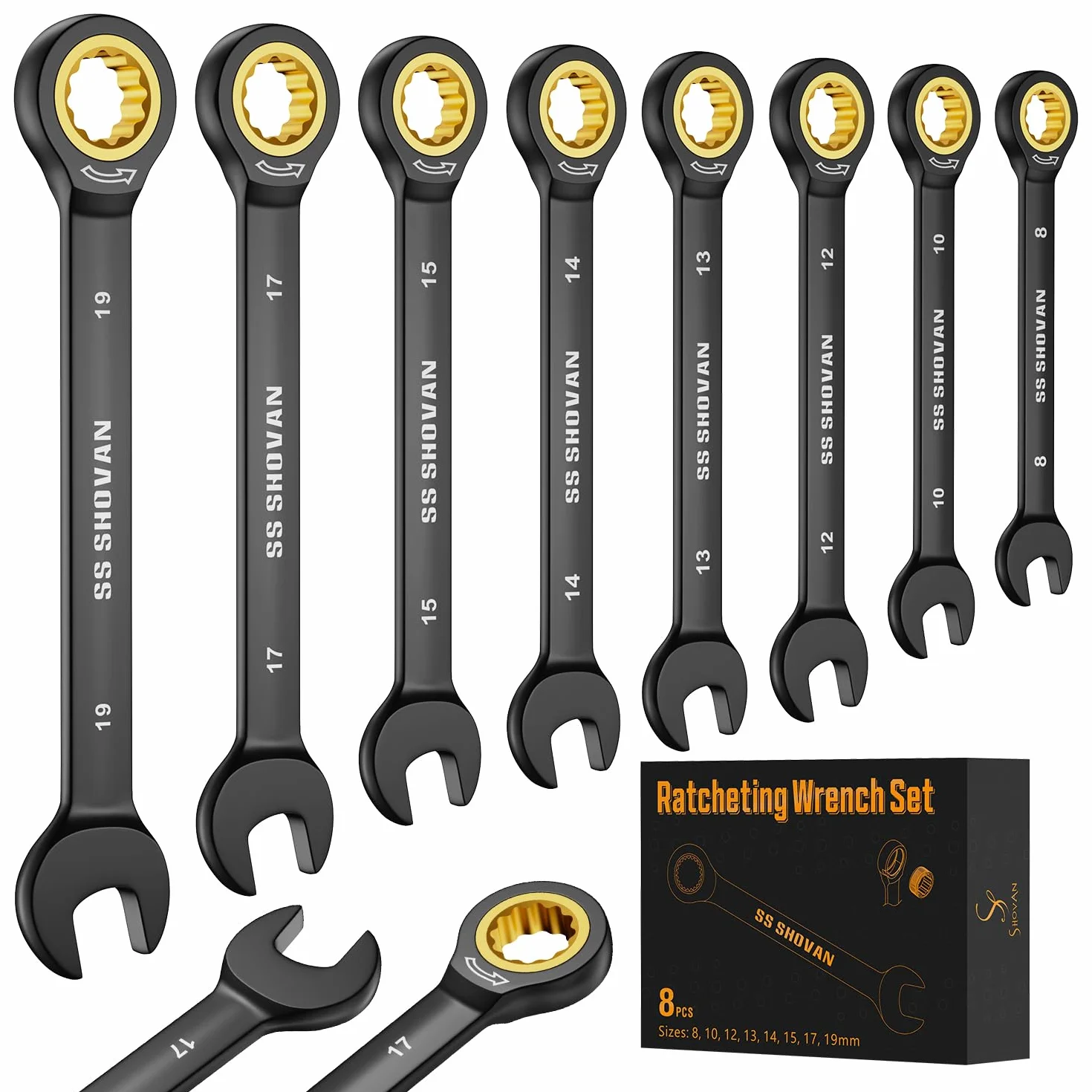 ss shovan Set Chiavi Inglesi 8 Pezzi, Set Chiavi a Cricchetto Metriche, 8-19 mm Chiave Inglese a Cricchetto in Acciaio al Cromo Vanadio, 72 Denti, Set Chiavi Combinate con scatola portaoggetti