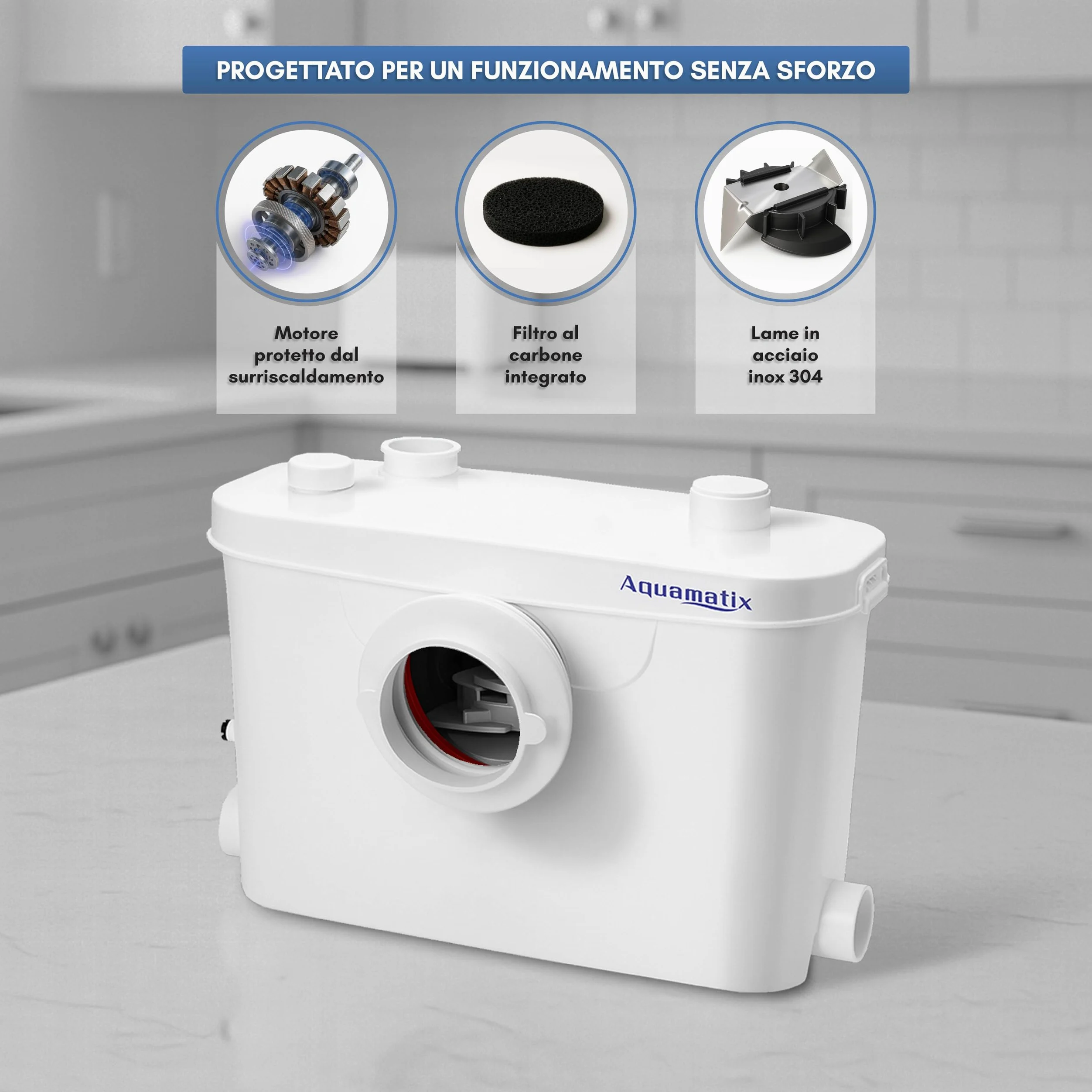 Aquamatix Trituratore Pompa Maceratore 400W Sistema di Sollevamento 100L/min 6,5m Distanza di pompaggio verticale con 3 ingressi per WC, Lavandino e Vasca da bagno con Filtro a carbone