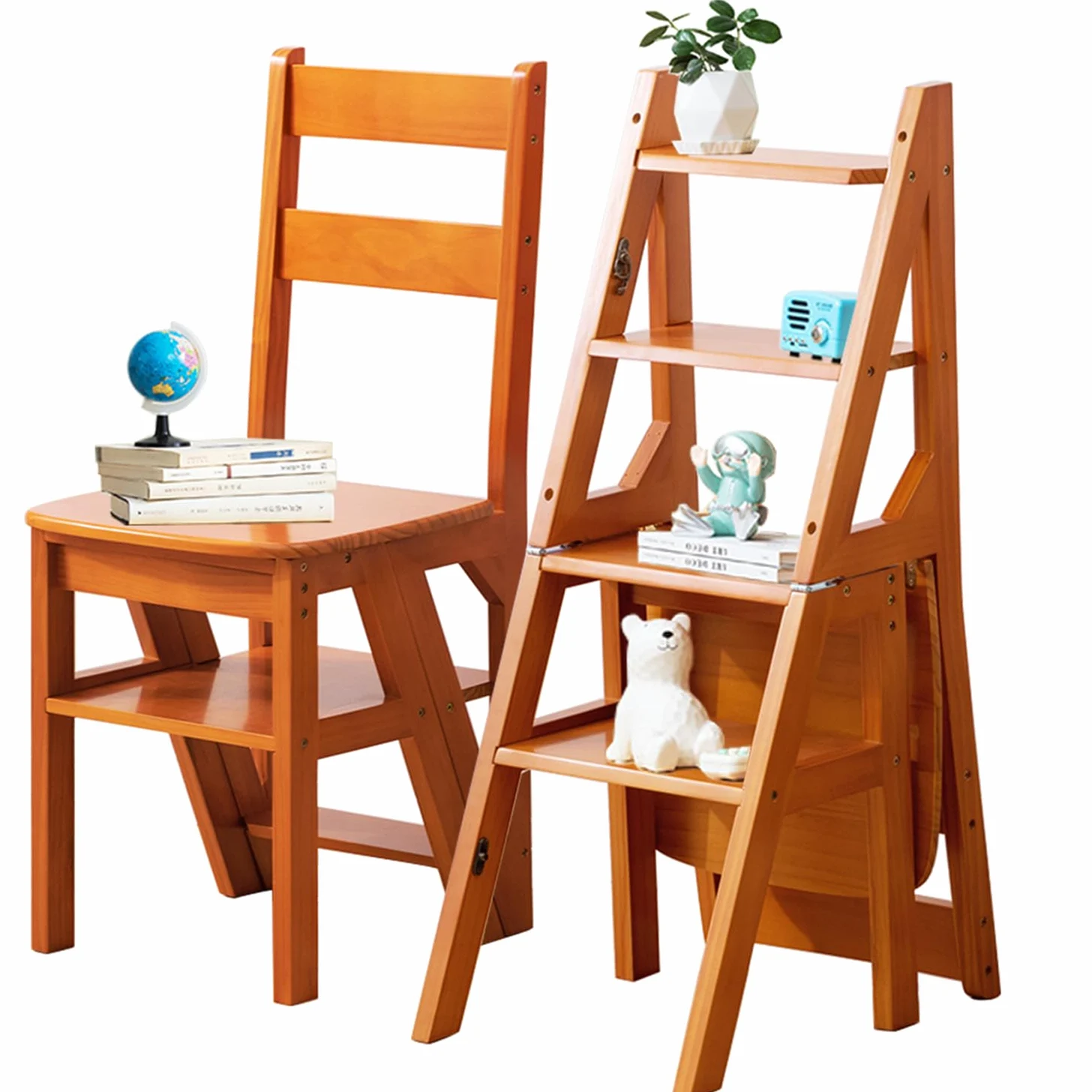Sgabello a Scala Pieghevole 3-in-1 in Legno Massello, Sgabello Convertibile e Supporto Espositivo, Scala Multi-funzionale a 4 Ripiani, per Casa, Cucina, Biblioteca, Capacità 150kg (Marrone)