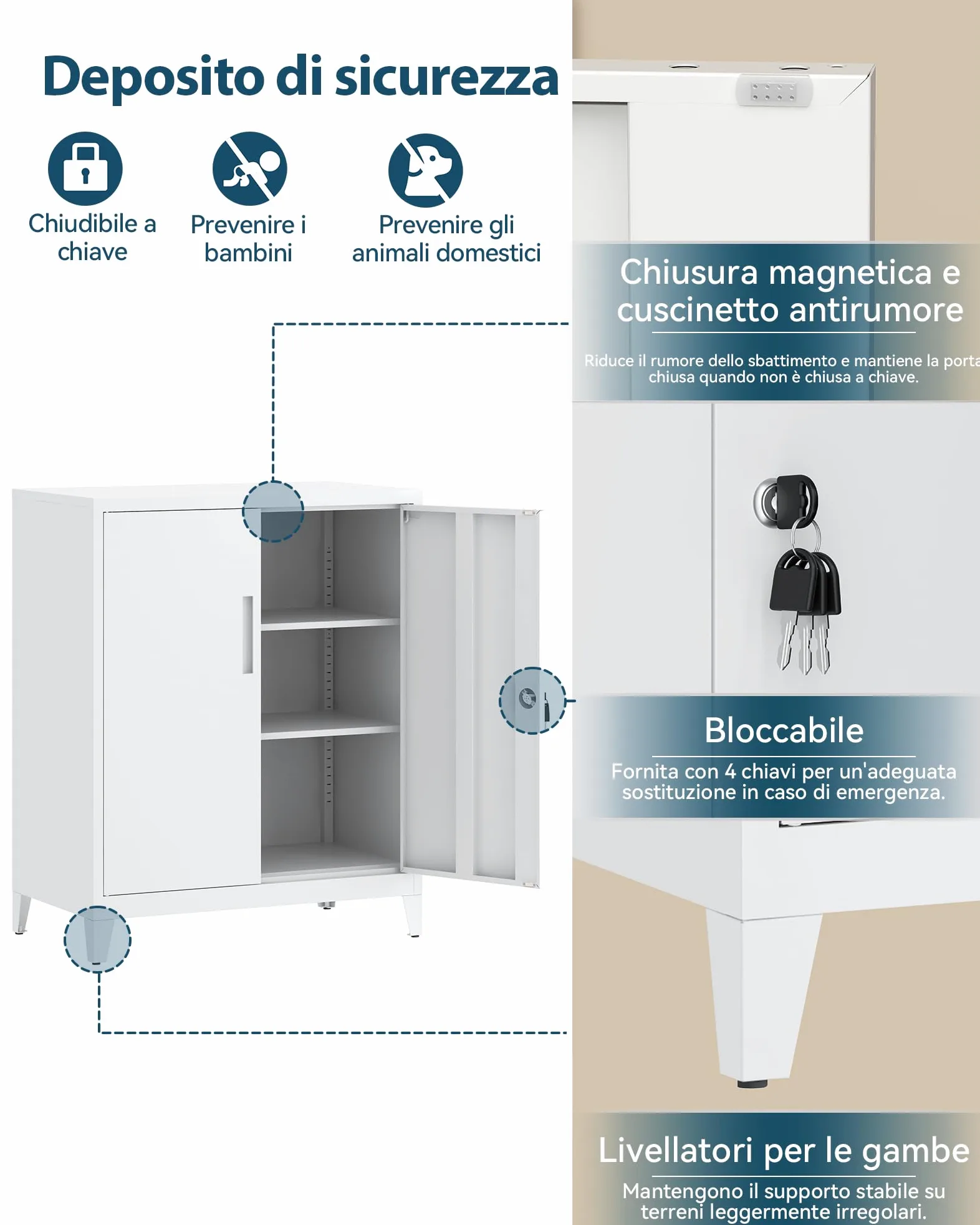 Armadietto in Metallo, Armadietto per Garage con Chiusura a Chiave, con 2 Ripiani per Ufficio con Ripiani Regolabili, per Ufficio, Garage e Ripostiglio, 40 x 80 x 100 cm, Bianco