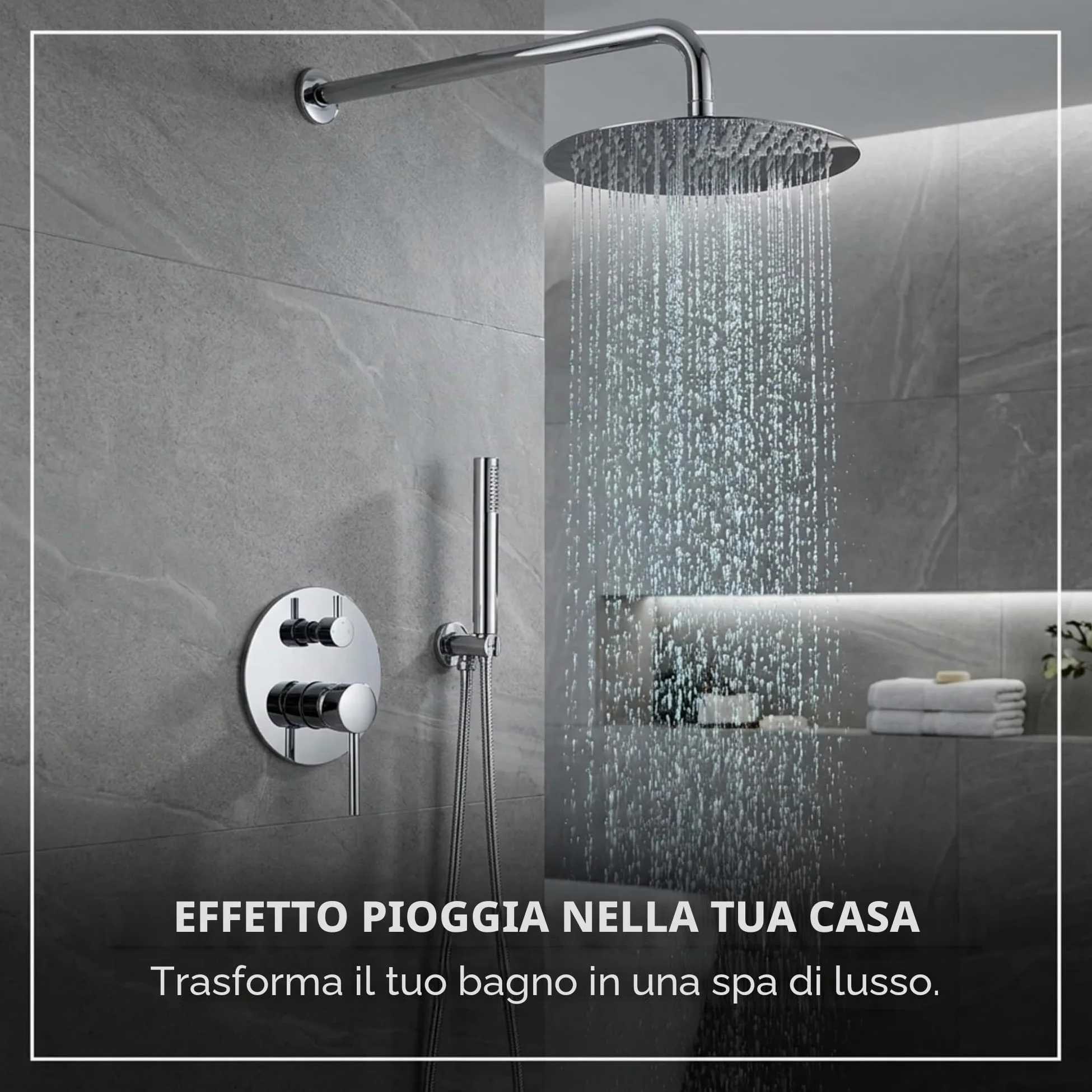 VALAZ Doccia Incasso Cromo | Miscelatore Doccia Incasso Spruzzatore Effetto Pioggia | Installazione a Parete Facile | Inossidabile, Rotondo, Spruzzatore 25 cm, Serie Jucar