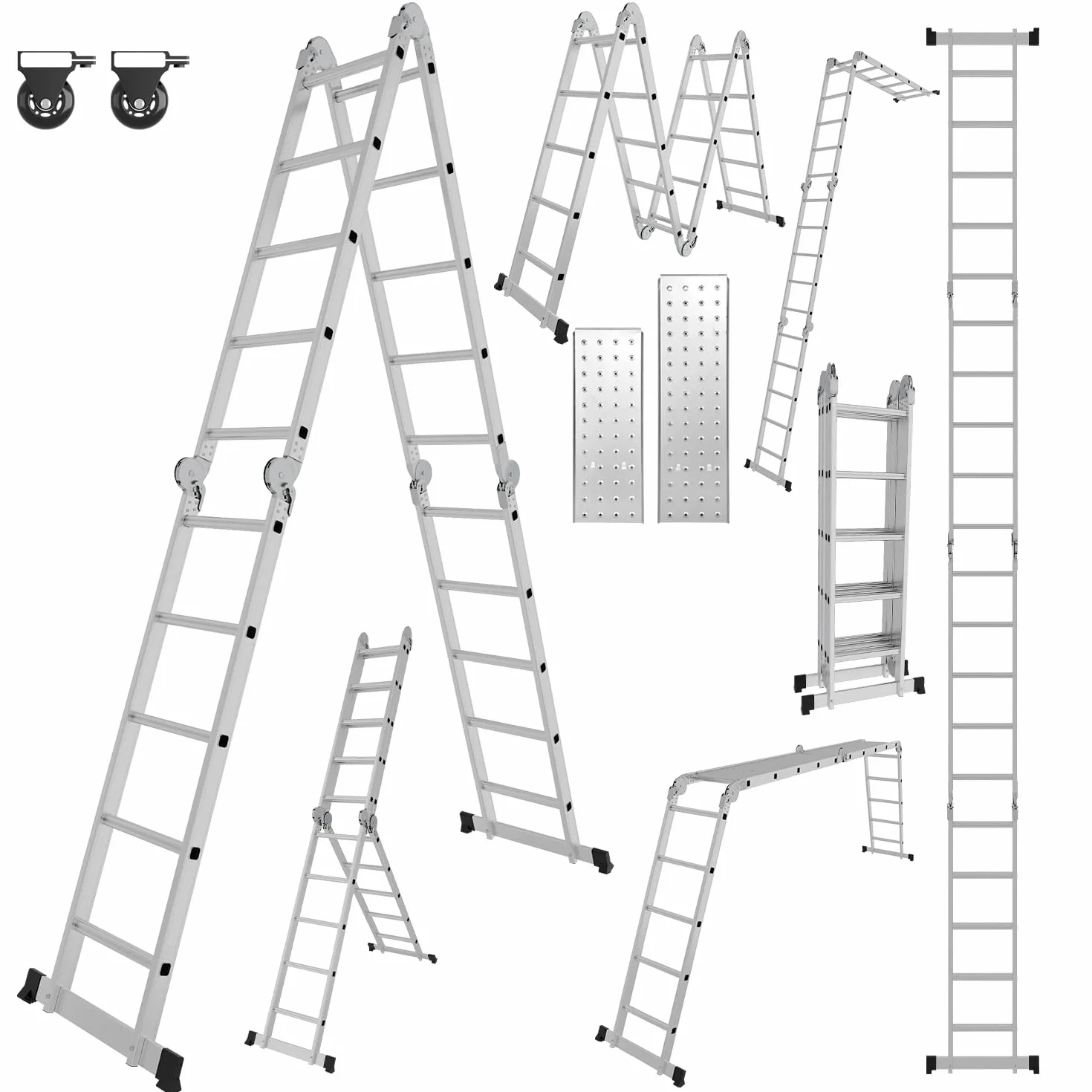 Scala multifunzione 7 in 1 da 5,82 m in alluminio multifunzionale, 4 x 5 gradini scala multifunzionale con 2 piastre di ponteggio e 2 ruote, scala pieghevole scala da lavoro scaletta per uso