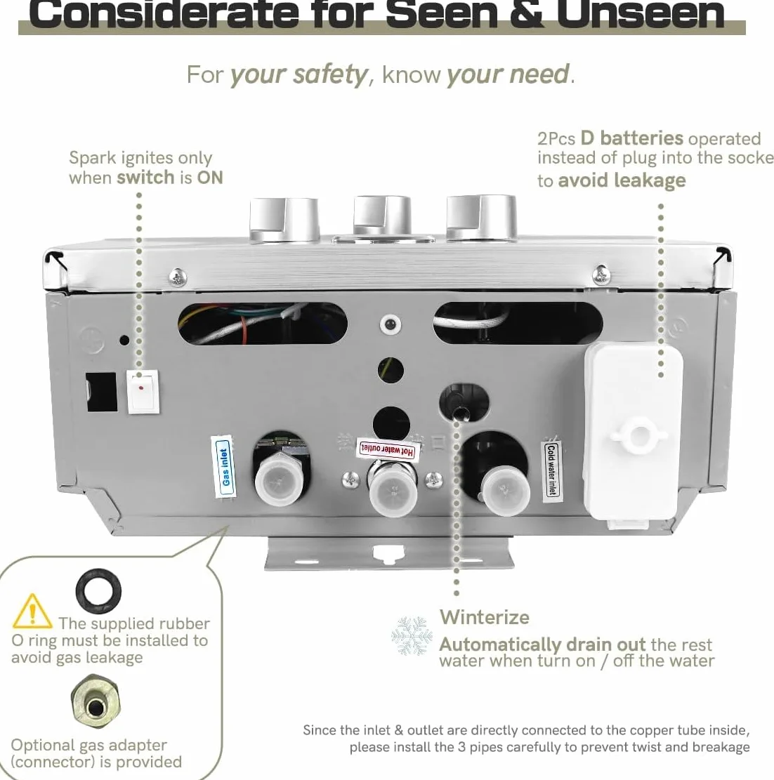 Scaldacqua a Gas, scaldabagno a gas propano GPL 6L con kit doccia, con modalità inverno ed estate, scaldabagno istantaneo senza serbatoio 16kw, per casa ed esterno (B)