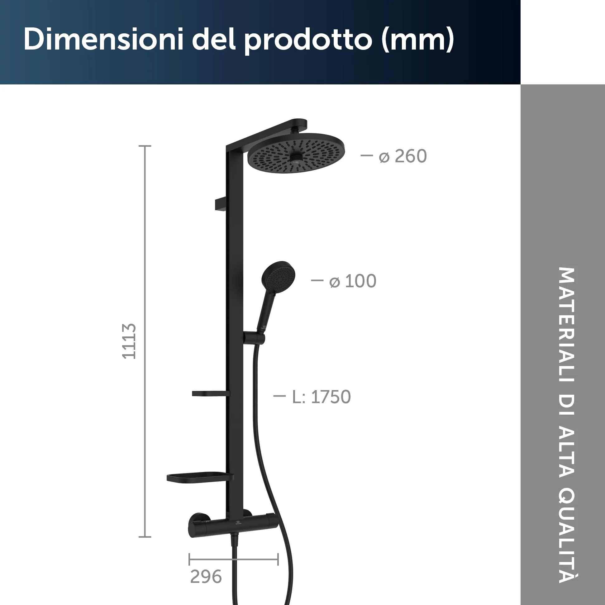 Ideal Standard Ceratherm Alu+ Colonna doccia, Realizzato con l'100% di alluminio riciclato, doccia a risparmio idrico con getti variabili e protezione antiscottatura – Nero Opaco (356x501x1113 mm)