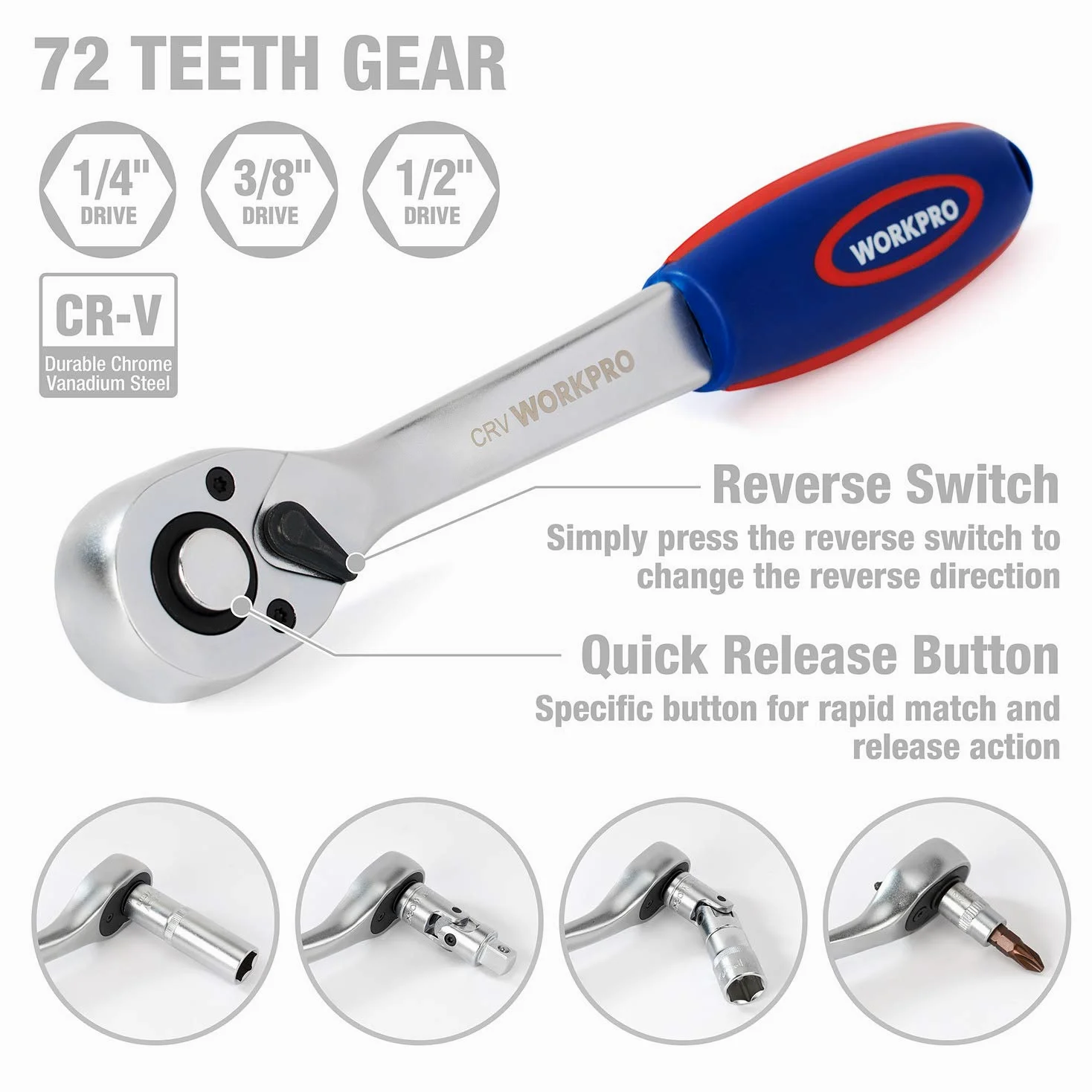 WORKPRO Set di Chiavi a Bussola e Cricchetto 1/4"+ 3/8"+ 1/2" 172 Pezzi, Bussola Metrica Cr-V con Chiavie a Cricchetto a Sgancio Rapido a 72 Denti, Utile per Riparazioni Auto, Profi, Meccanico