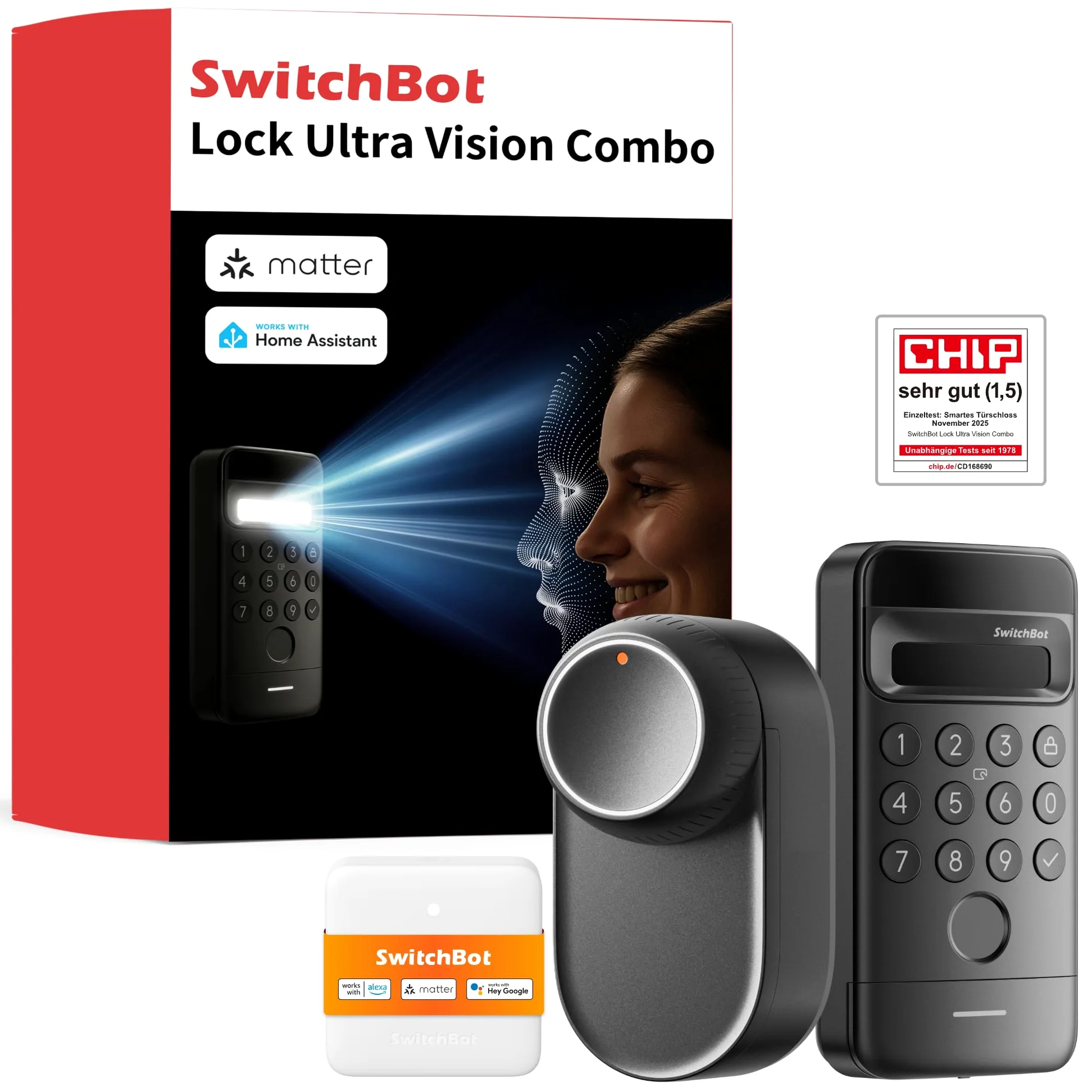 SwitchBot WiFi Smart Lock Ultra con Tastierino e Riconoscimento Facciale 3D, Serratura Smart con Impronte Digitali, Serratura Elettronica con Batteria Ricaricabile, Adatta a Matter, Alexa, Google