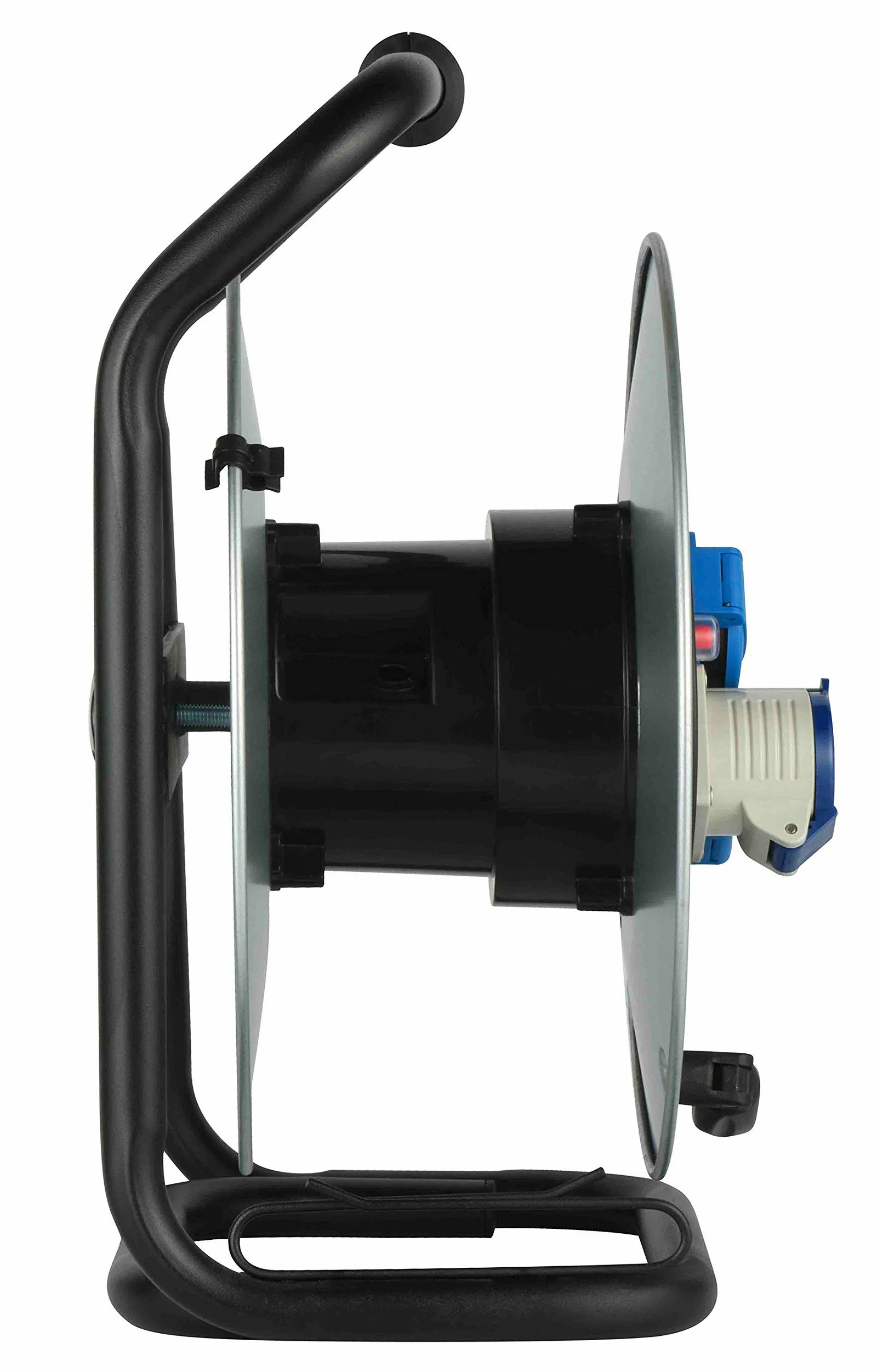 Electraline 49057 Avvolgicavo, Avvolgi-Prolunghe senza cavo in metallo antiruggine per uso Professionale, Con 2 prese Schuko + 1 industriale IEC. Maniglia eronomica + Pomello rotante