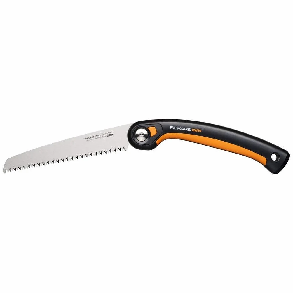Fiskars Seghetto a Serramanico Plus, Per Rami e Tronchi Spessi, 3 Posizioni di Taglio, Lama Affilata Power Tooth, Denti Grossi, Lunghezza della Lama: 21 cm, Nero/Arancione, SW69, 1067553